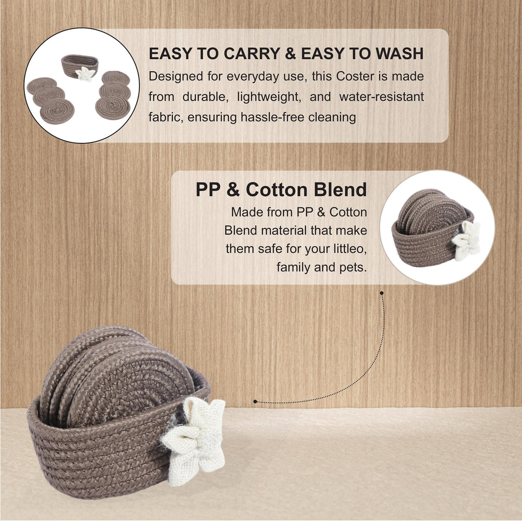 Ariya 6 Psc PP & Cotton Blend Brown Coasters (6 Inch) - Absorbent, Woven, Ideal for Room, Hotel, Bar, Housewarming Gift