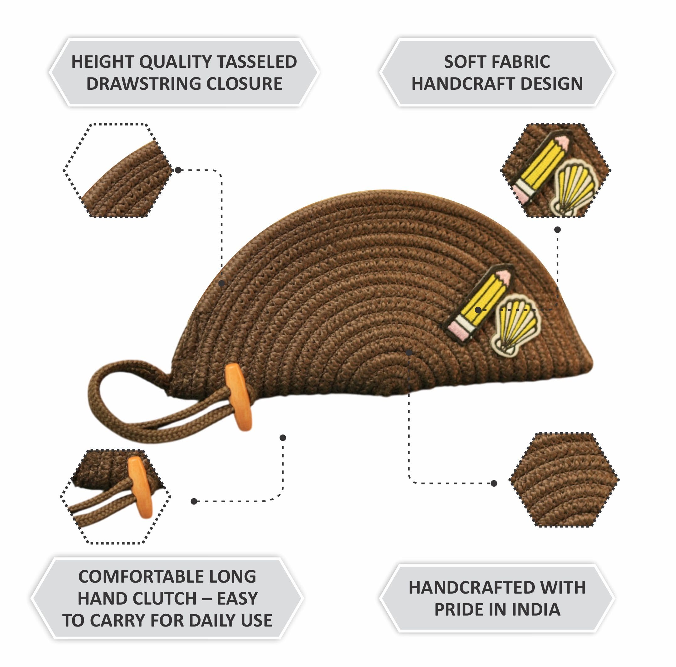 ARIYA Stylish Unique Handmade Coffee (PP & Cotton Blend) Clutch Bag with Sticker, Perfect for Parties, Weddings & Everyday Outings