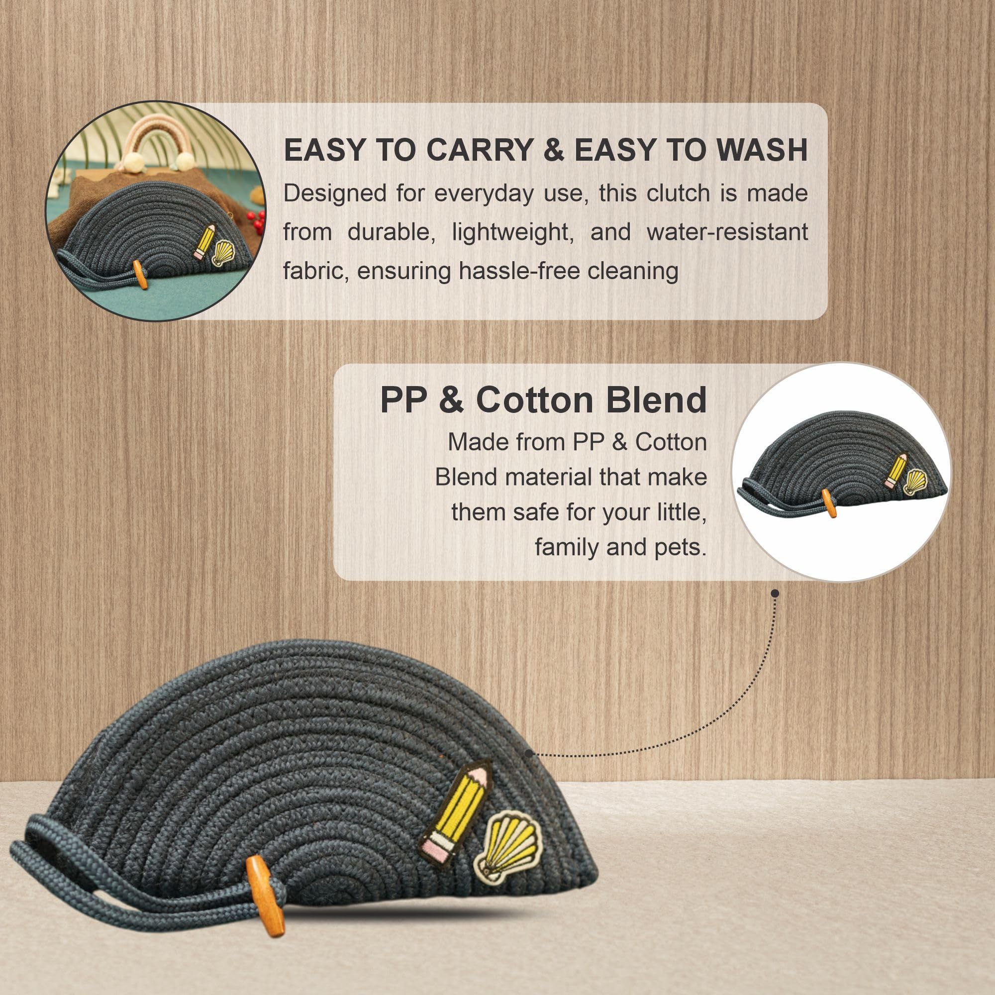 ARIYA Stylish Unique Handmade Dark Grey (PP & Cotton Blend) Clutch Bag with Sticker, Perfect for Parties, Weddings & Everyday Outings