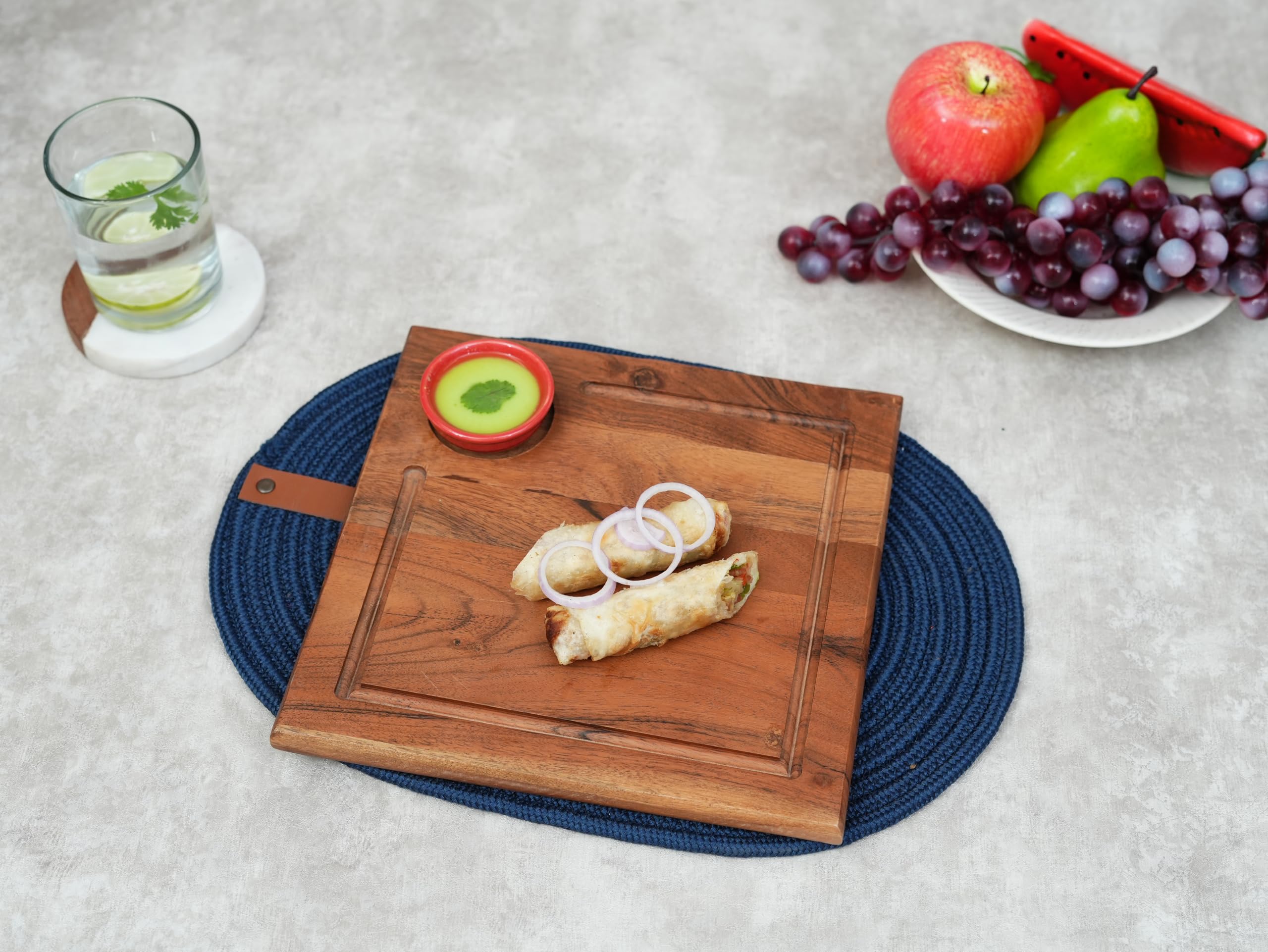 Ariya 10x10 Inch Acacia Wood Serving Platter with Chutney Bowl – Snacks, Cheese & Fruits Tray