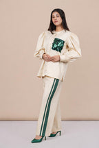 Ariya Threads Women’s Ivory Co-Ord Set with Green Sequin Patch & Side Stripe Pants