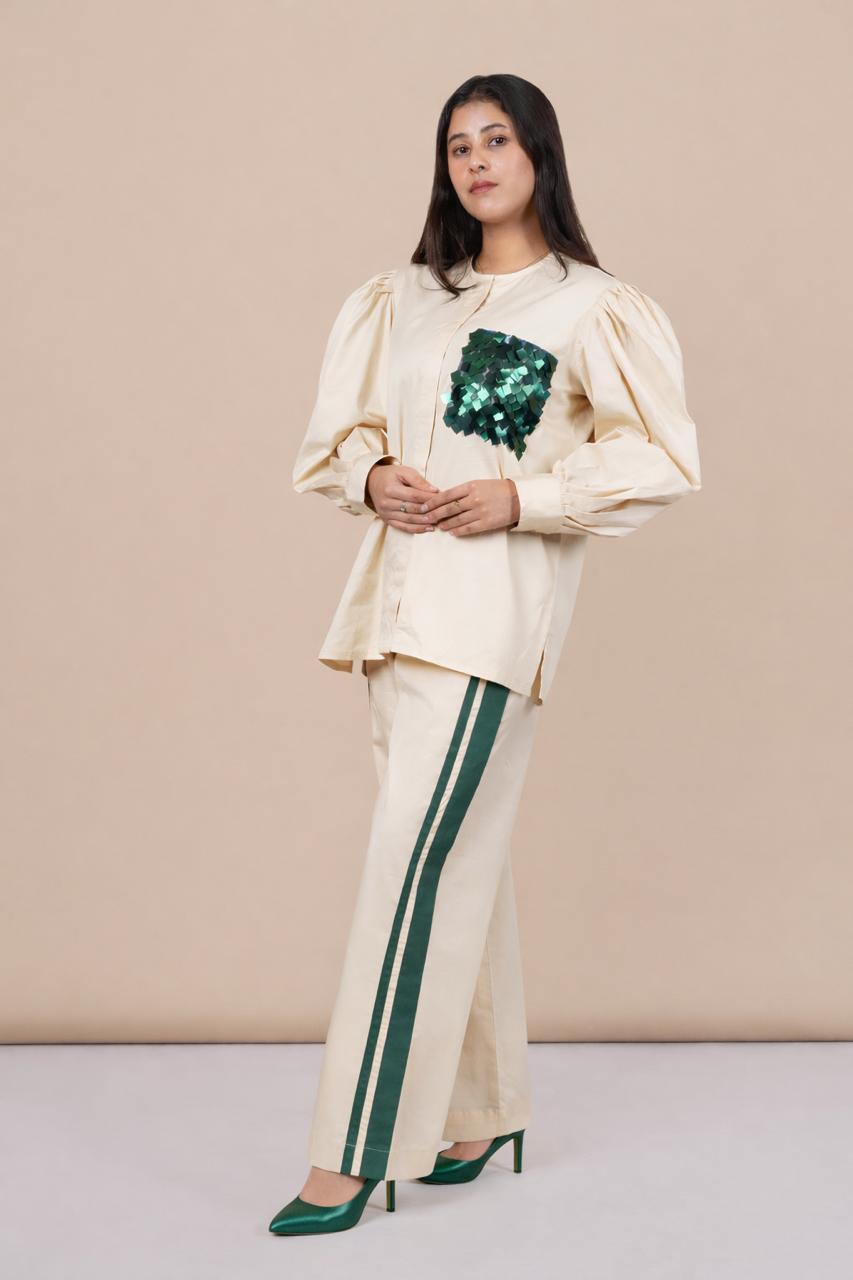 Ariya Threads Women’s Ivory Co-Ord Set with Green Sequin Patch & Side Stripe Pants