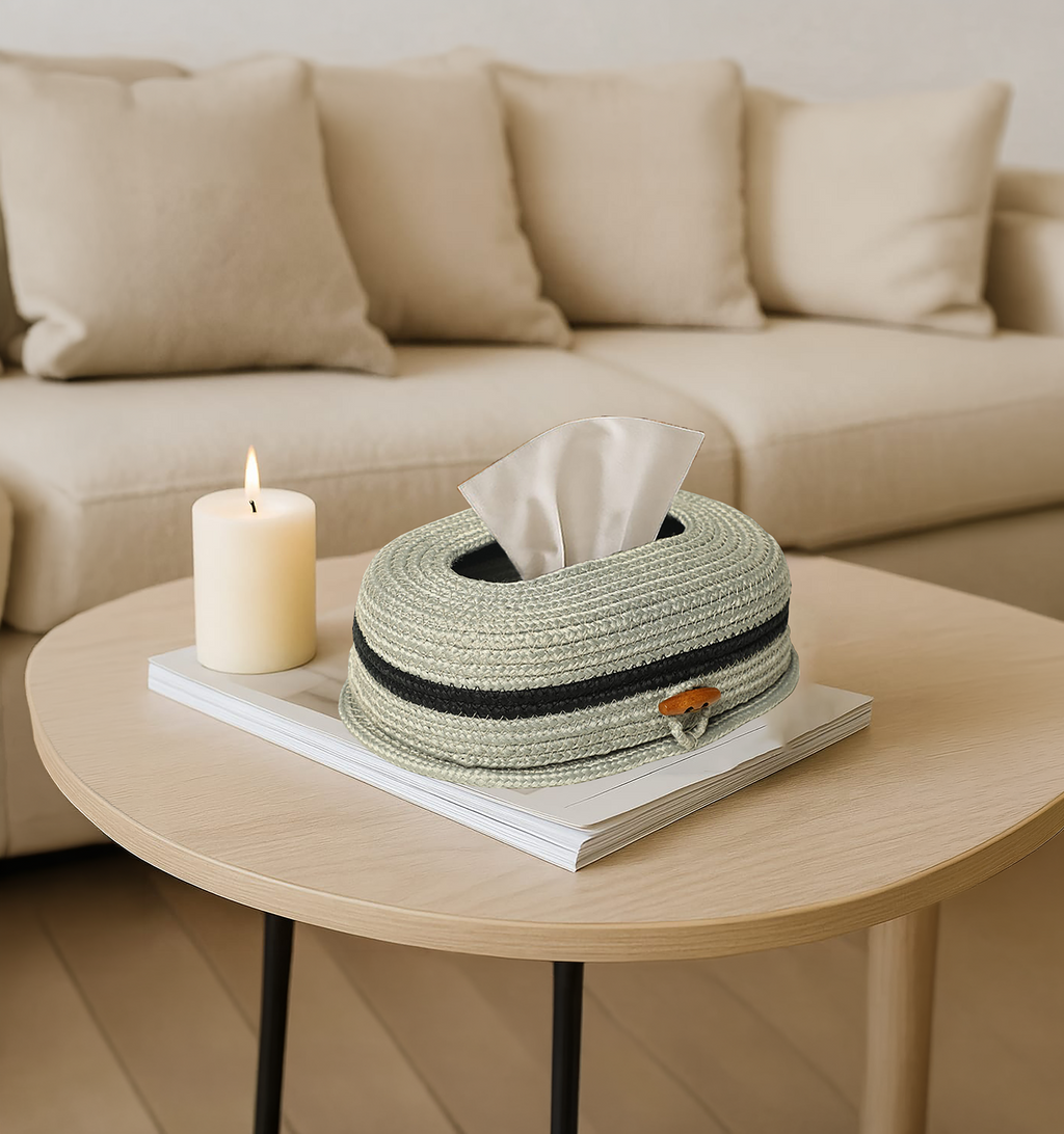 Cotton Tissue Box Holder - Light Grey Wooden Button