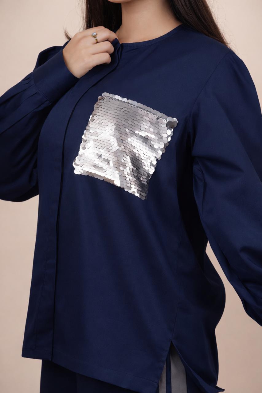 Ariya Threads Women’s Navy Blue Co-Ord Set with Sequin Pocket & Side Stripe Pants