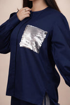 Ariya Threads Women’s Navy Blue Co-Ord Set with Sequin Pocket & Side Stripe Pants