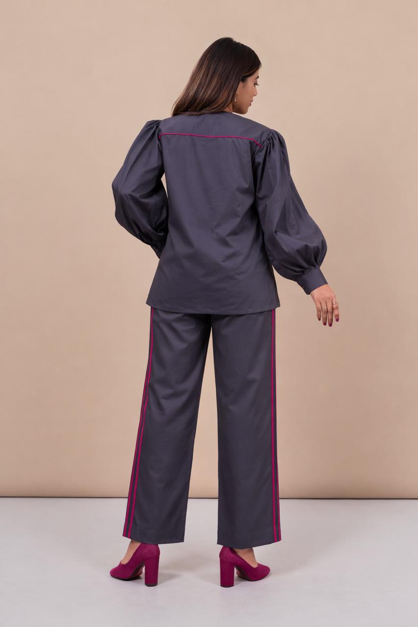 Ariya Threads Women’s Charcoal Grey Co-Ord Set with Magenta Sequin Pocket & Contrast Stripe Pants