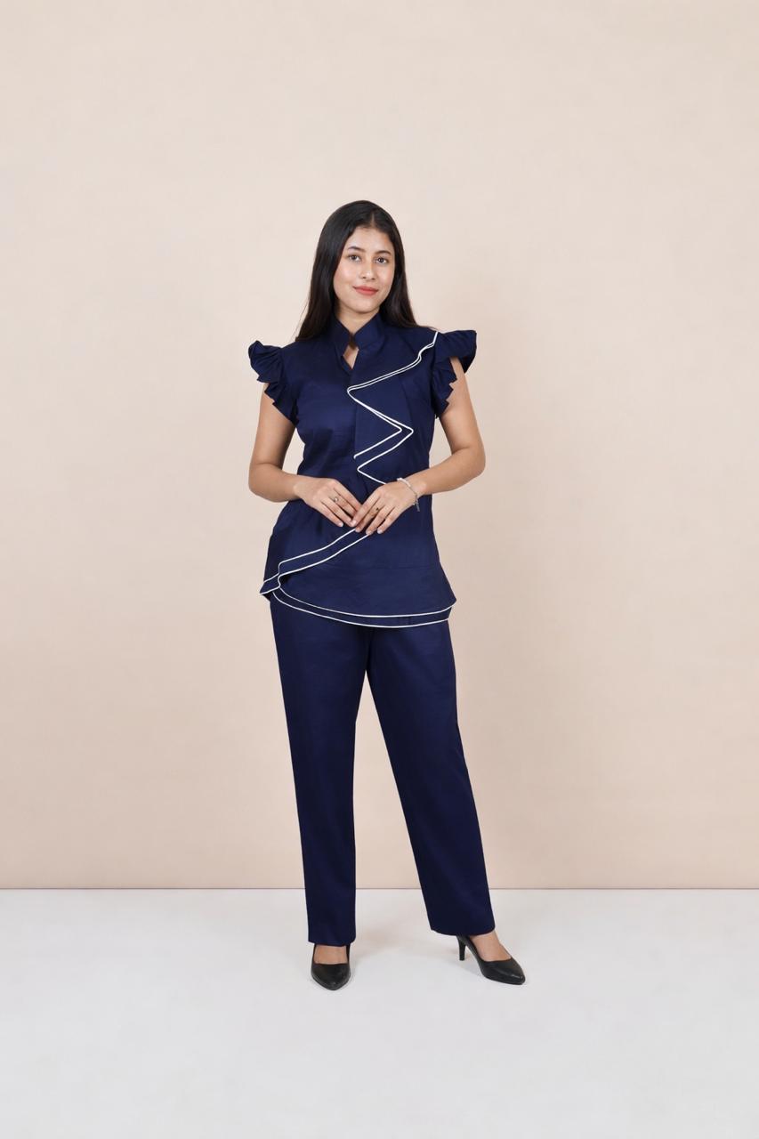 Ariya Threads Women’s Navy Blue Ruffle Sleeve Co-Ord Set with Contrast Piping