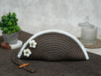 ARIYA Stylish Unique Handmade Brown & White Line (PP & Cotton Blend) Clutch Bag with 2 Flower, Perfect for Parties, Weddings & Everyday Outings