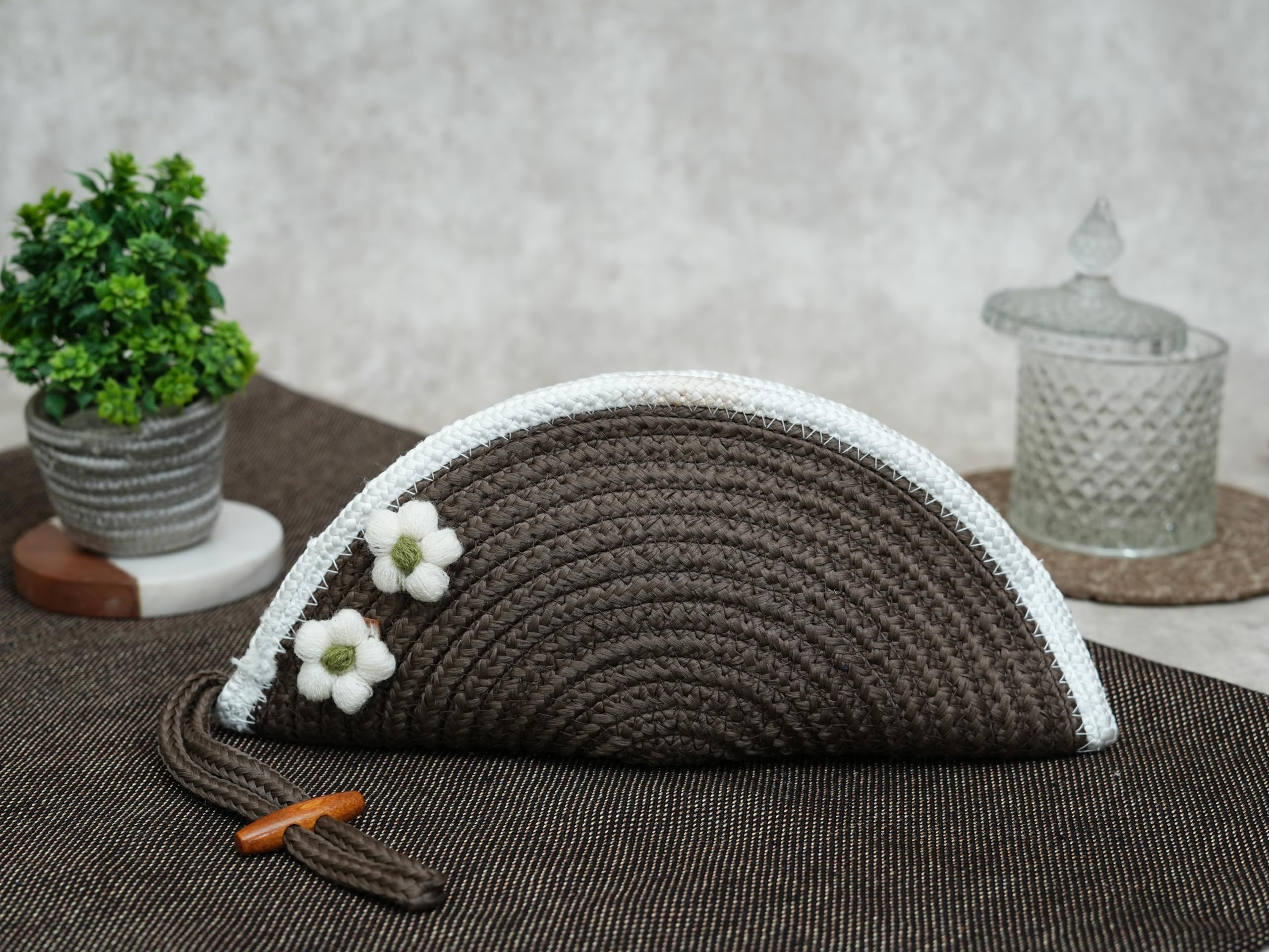 ARIYA Stylish Unique Handmade Brown & White Line (PP & Cotton Blend) Clutch Bag with 2 Flower, Perfect for Parties, Weddings & Everyday Outings