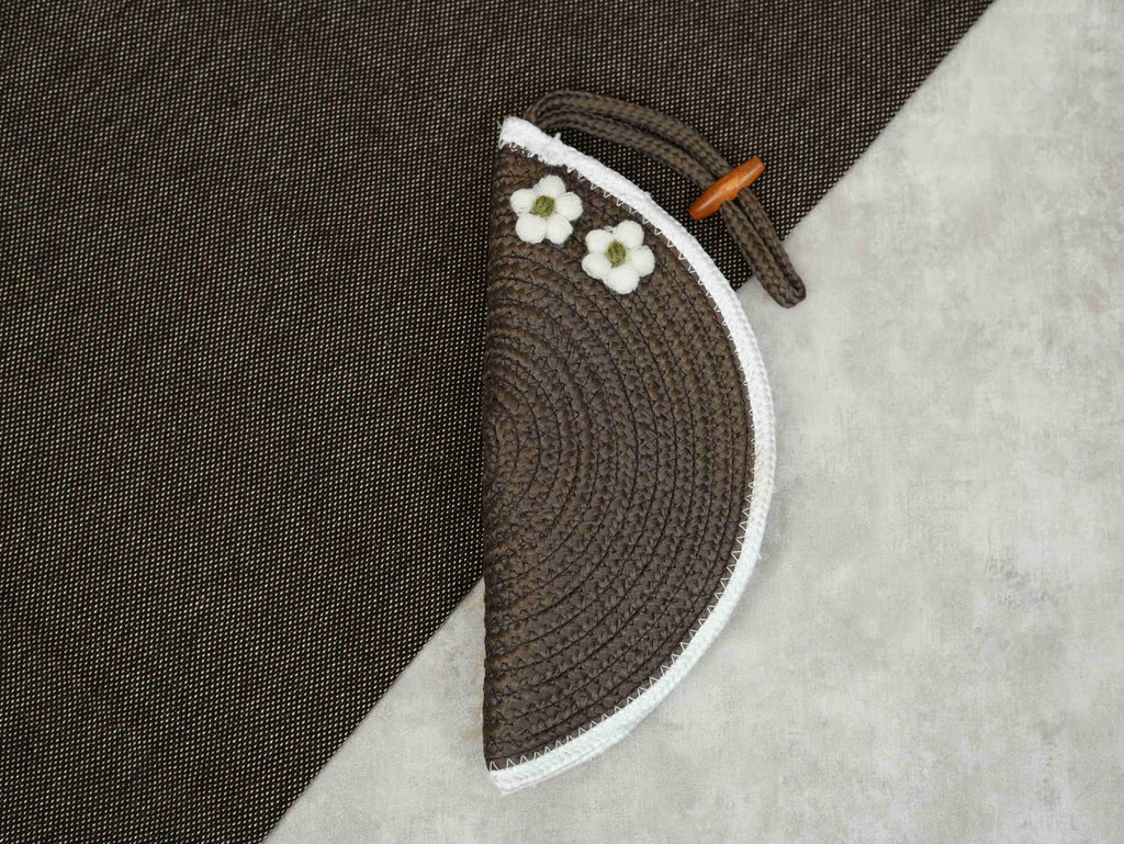 ARIYA Stylish Unique Handmade Brown & White Line (PP & Cotton Blend) Clutch Bag with 2 Flower, Perfect for Parties, Weddings & Everyday Outings