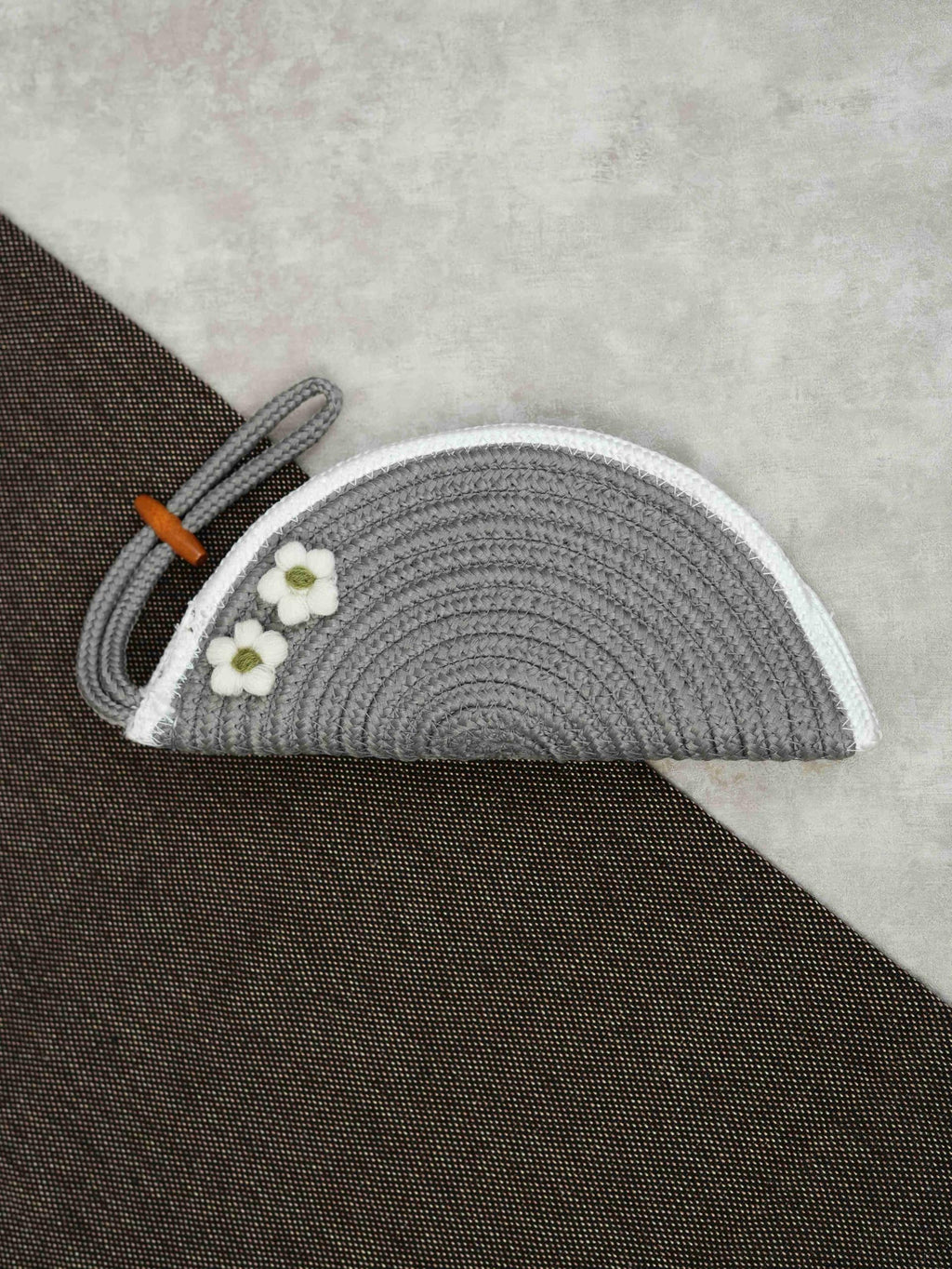 ARIYA Stylish Unique Handmade Grey & White Line (PP & Cotton Blend) Clutch Bag with 2 Flower, Perfect for Parties, Weddings & Everyday Outings