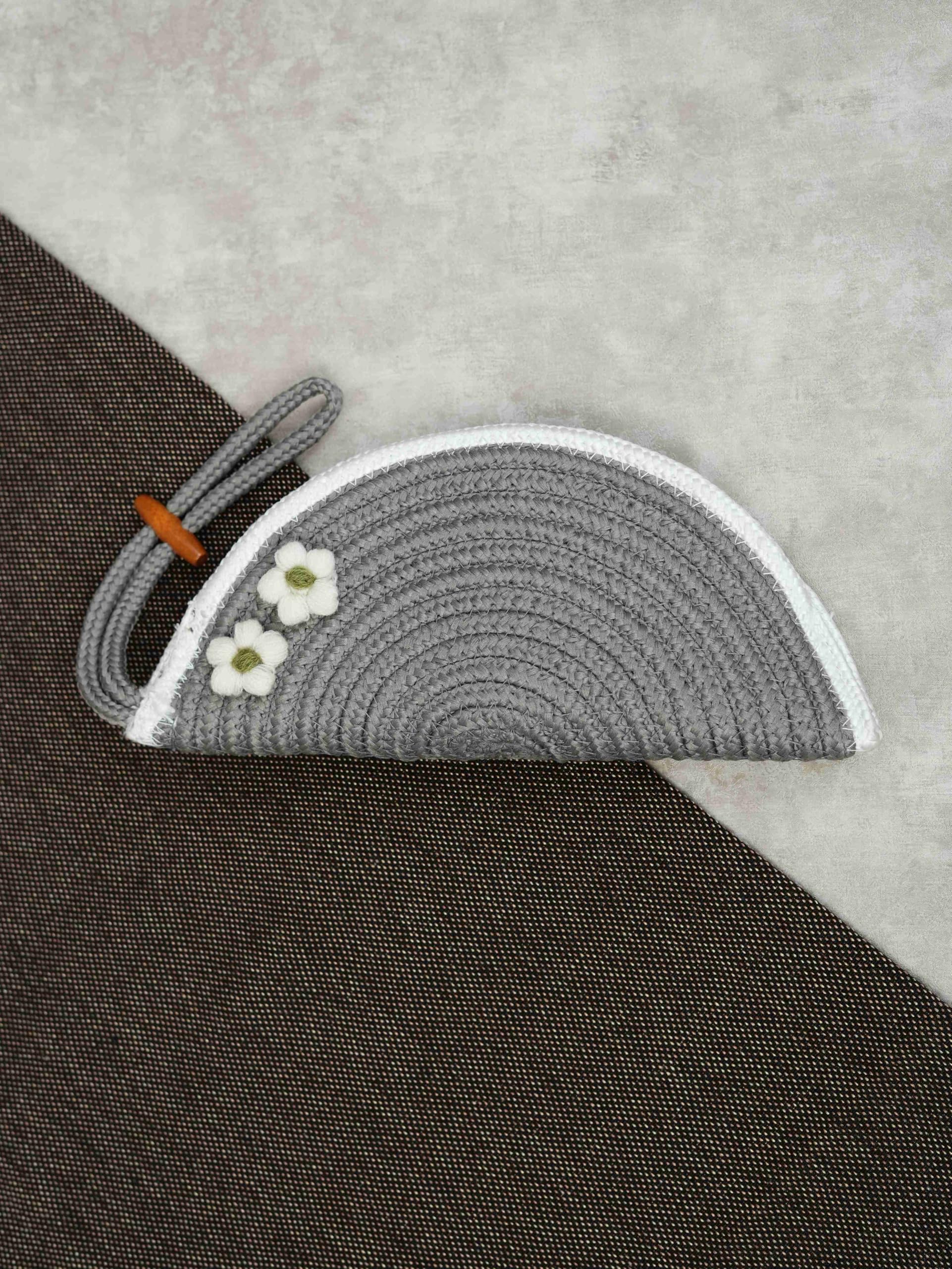 ARIYA Stylish Unique Handmade Grey & White Line (PP & Cotton Blend) Clutch Bag with 2 Flower, Perfect for Parties, Weddings & Everyday Outings