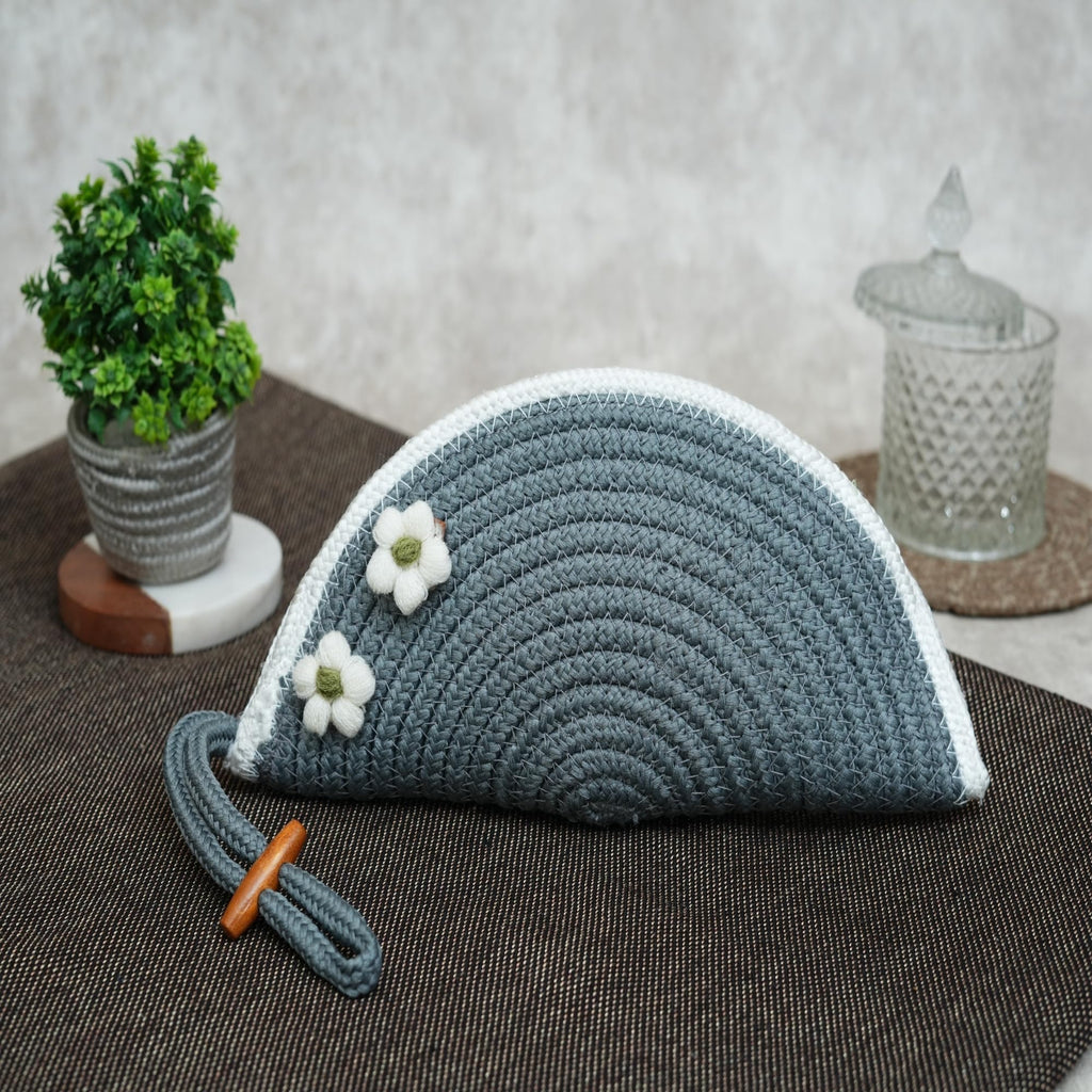 ARIYA Stylish Unique Handmade Light Grey & White Line (PP & Cotton Blend) Clutch Bag with 2 Flower, Perfect for Parties, Weddings & Everyday Outings