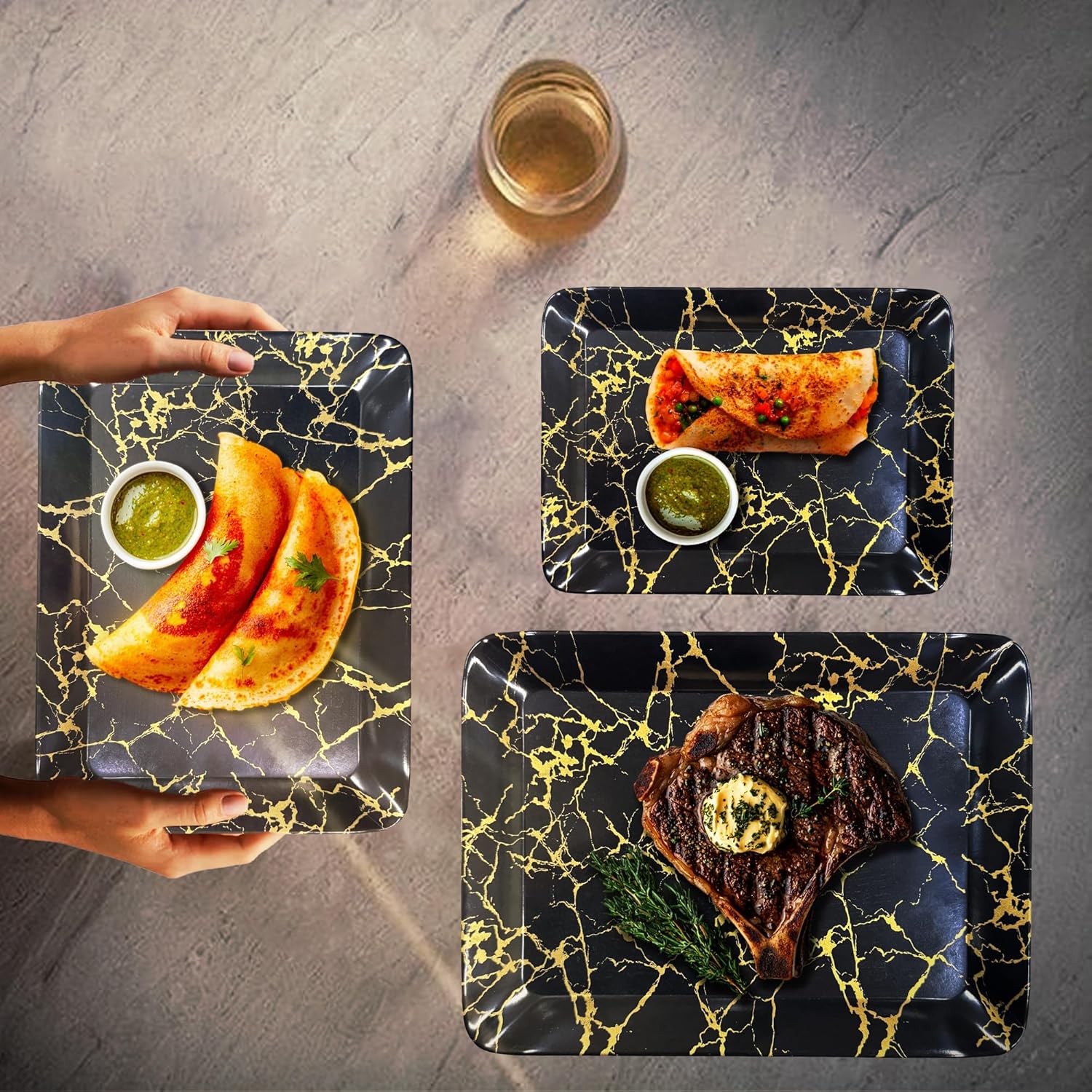 Ariya Melamine Serving Tray Set of 2 – Black and Gold | 603,604