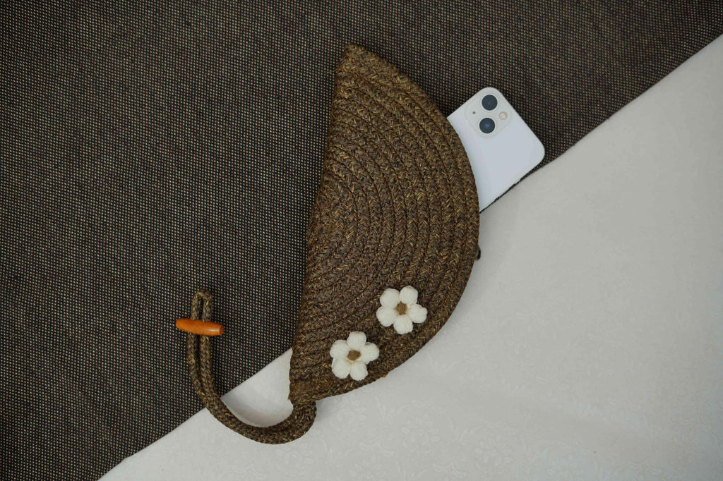 ARIYA Stylish Unique Handmade Brown (PP & Cotton Blend) Clutch Bag with 2 Flower, Perfect for Parties, Weddings & Everyday Outings