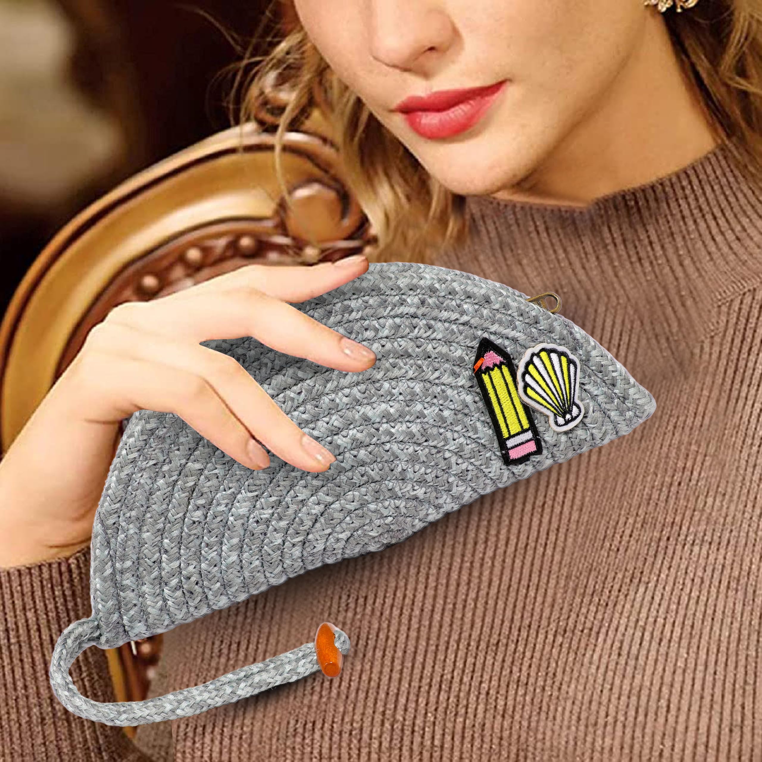 ARIYA Stylish Unique Handmade Coffee (PP & Cotton Blend) Clutch Bag with Sticker, Perfect for Parties, Weddings & Everyday Outings