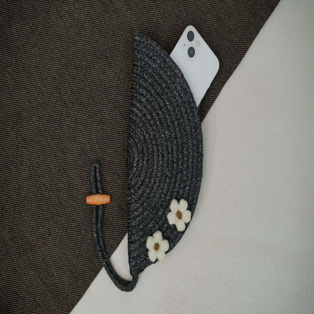 ARIYA Stylish Unique Handmade Black (PP & Cotton Blend) Clutch Bag with 2 Flower, Perfect for Parties, Weddings & Everyday Outings.