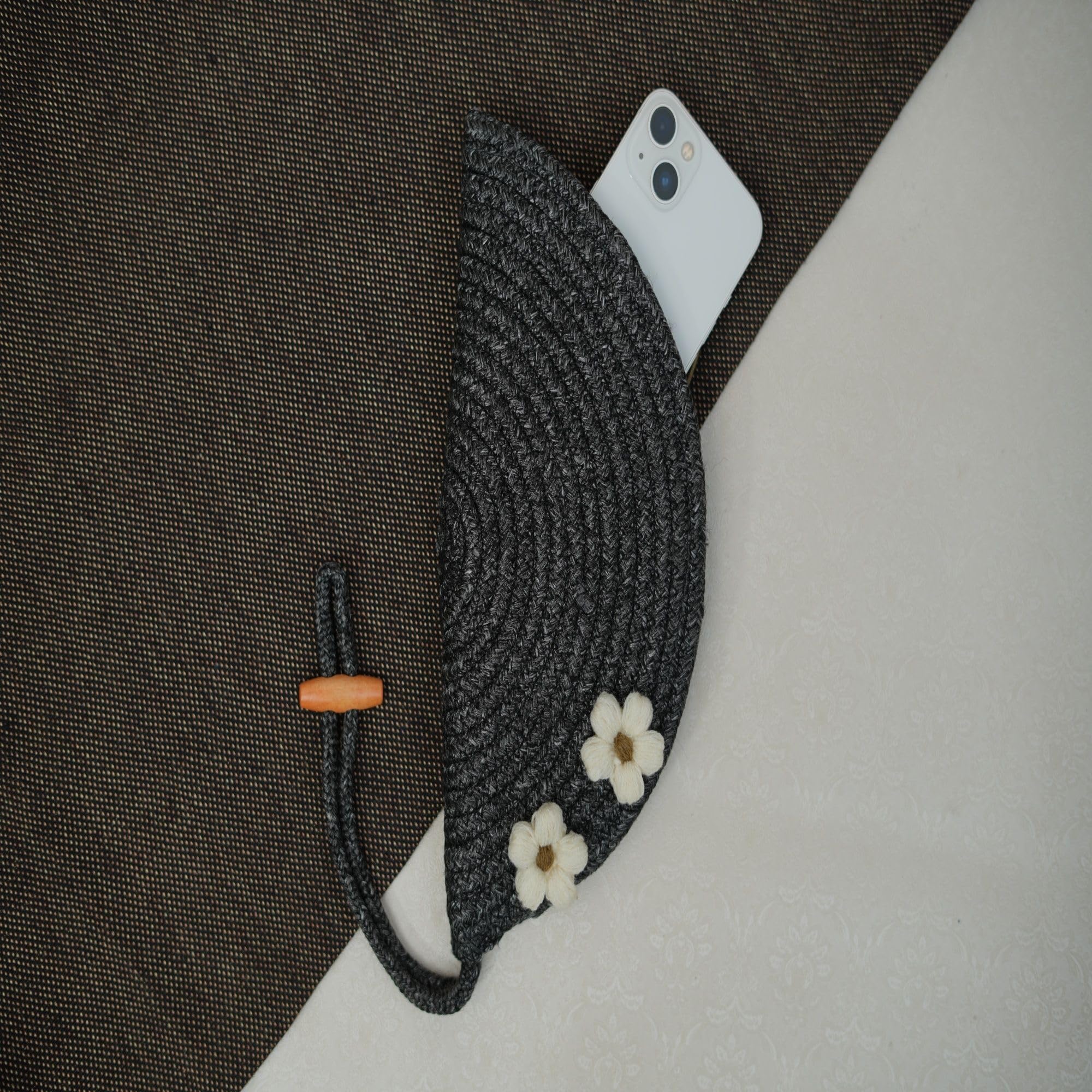 ARIYA Stylish Unique Handmade Black (PP & Cotton Blend) Clutch Bag with 2 Flower, Perfect for Parties, Weddings & Everyday Outings.