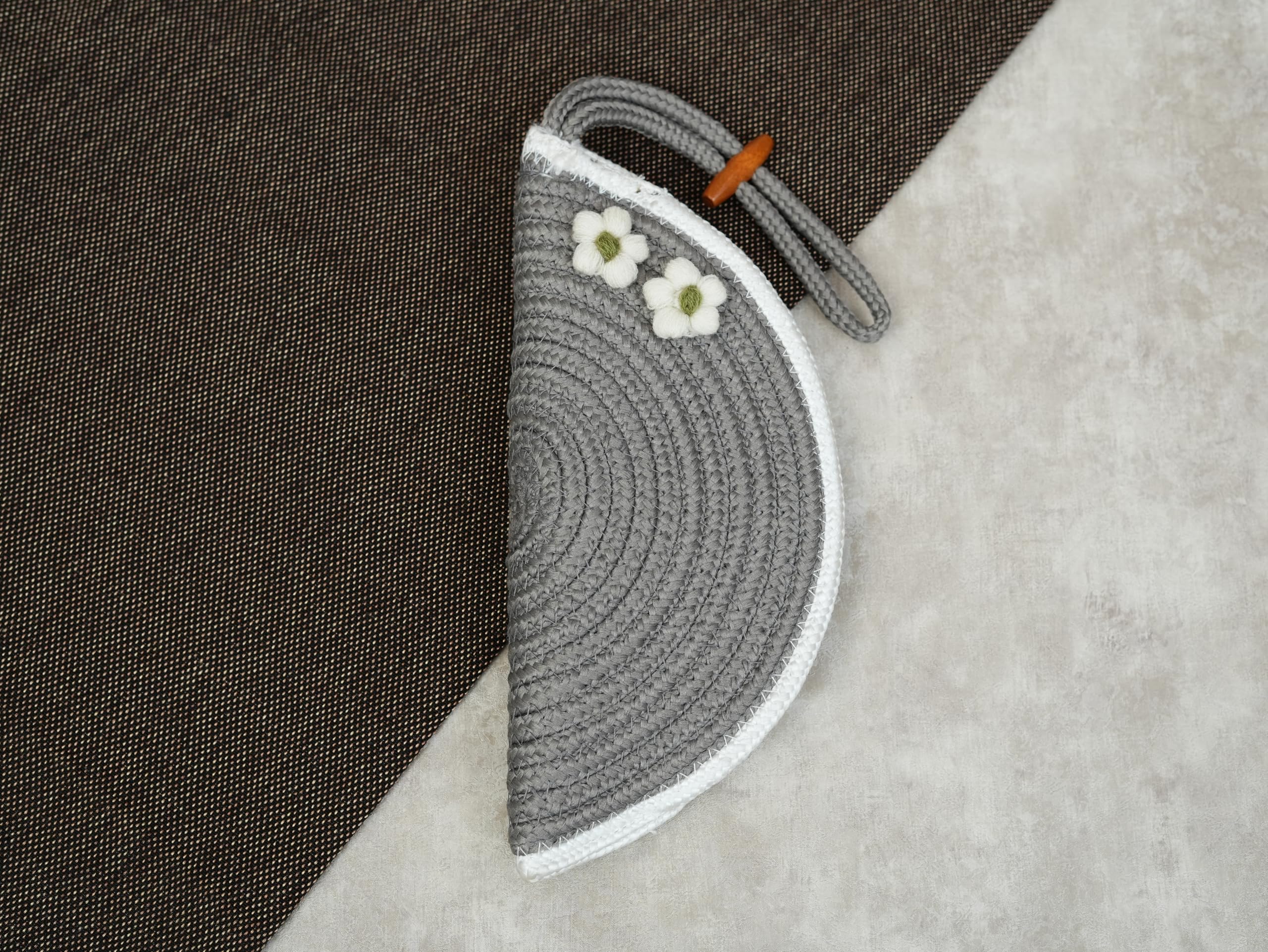 ARIYA Stylish Unique Handmade Dark Grey & White Line (PP & Cotton Blend) Clutch Bag with Flower, Perfect for Parties, Weddings & Everyday Outings