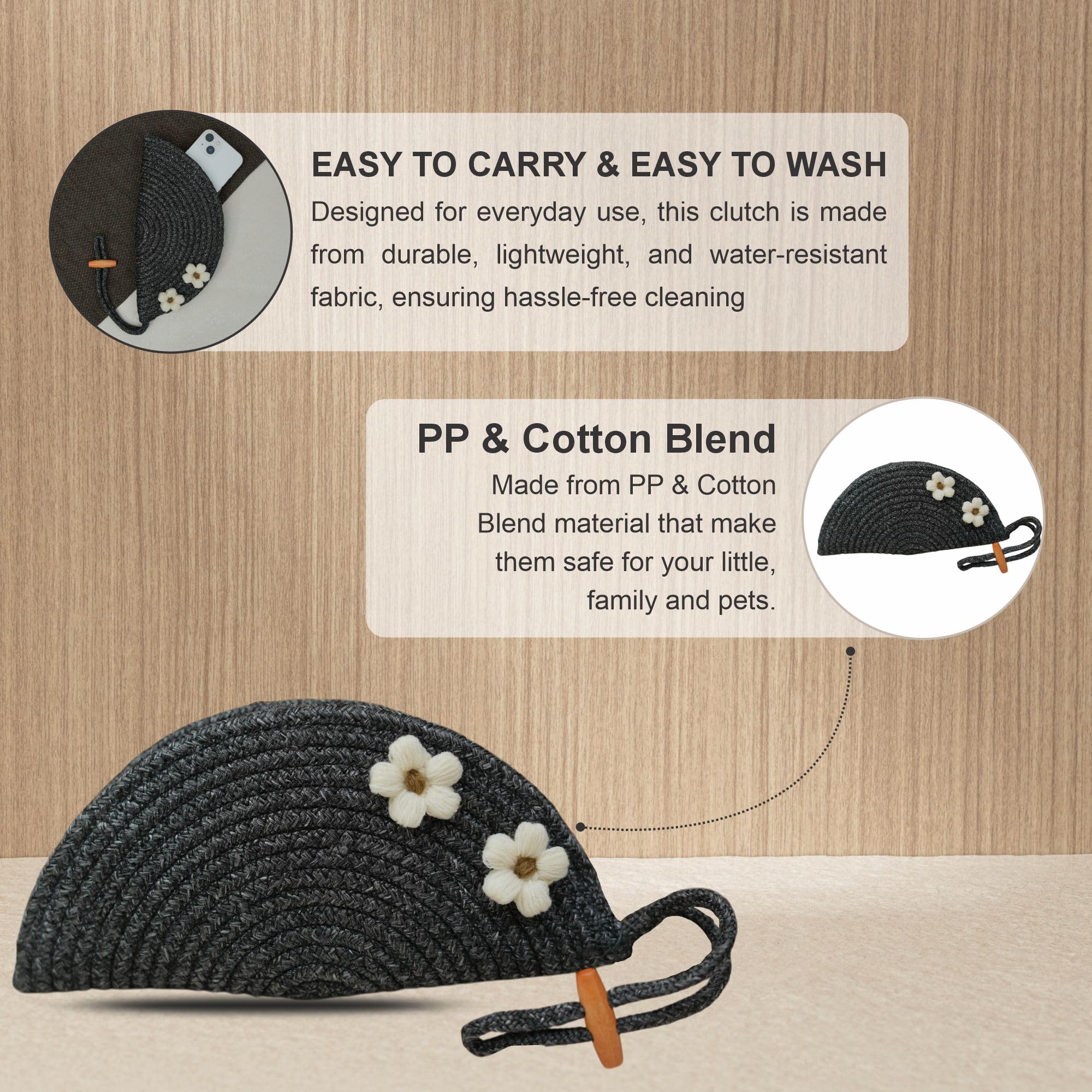 ARIYA Stylish Unique Handmade Black (PP & Cotton Blend) Clutch Bag with 2 Flower, Perfect for Parties, Weddings & Everyday Outings.