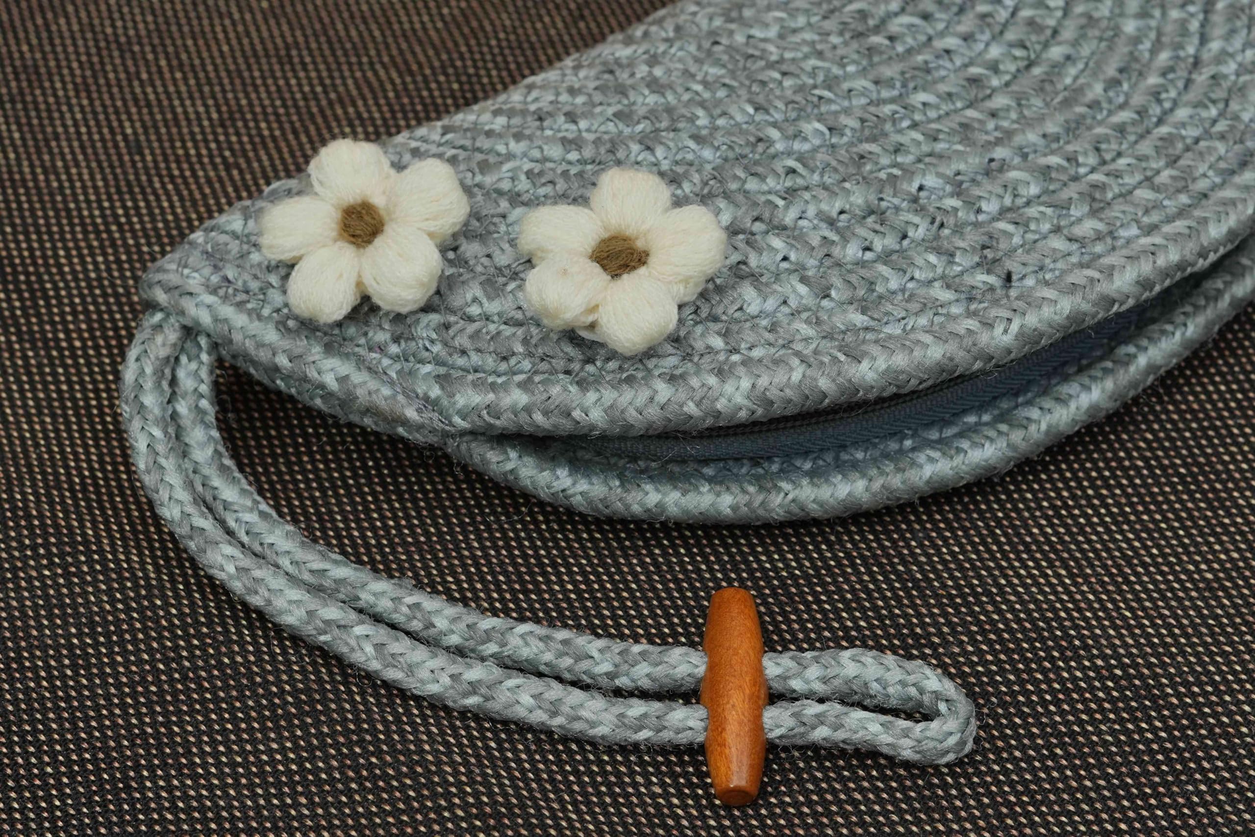 ARIYA Stylish Unique Handmade Light Grey (PP & Cotton Blend) Clutch Bag with 2 Flower, Perfect for Parties, Weddings & Everyday Outings