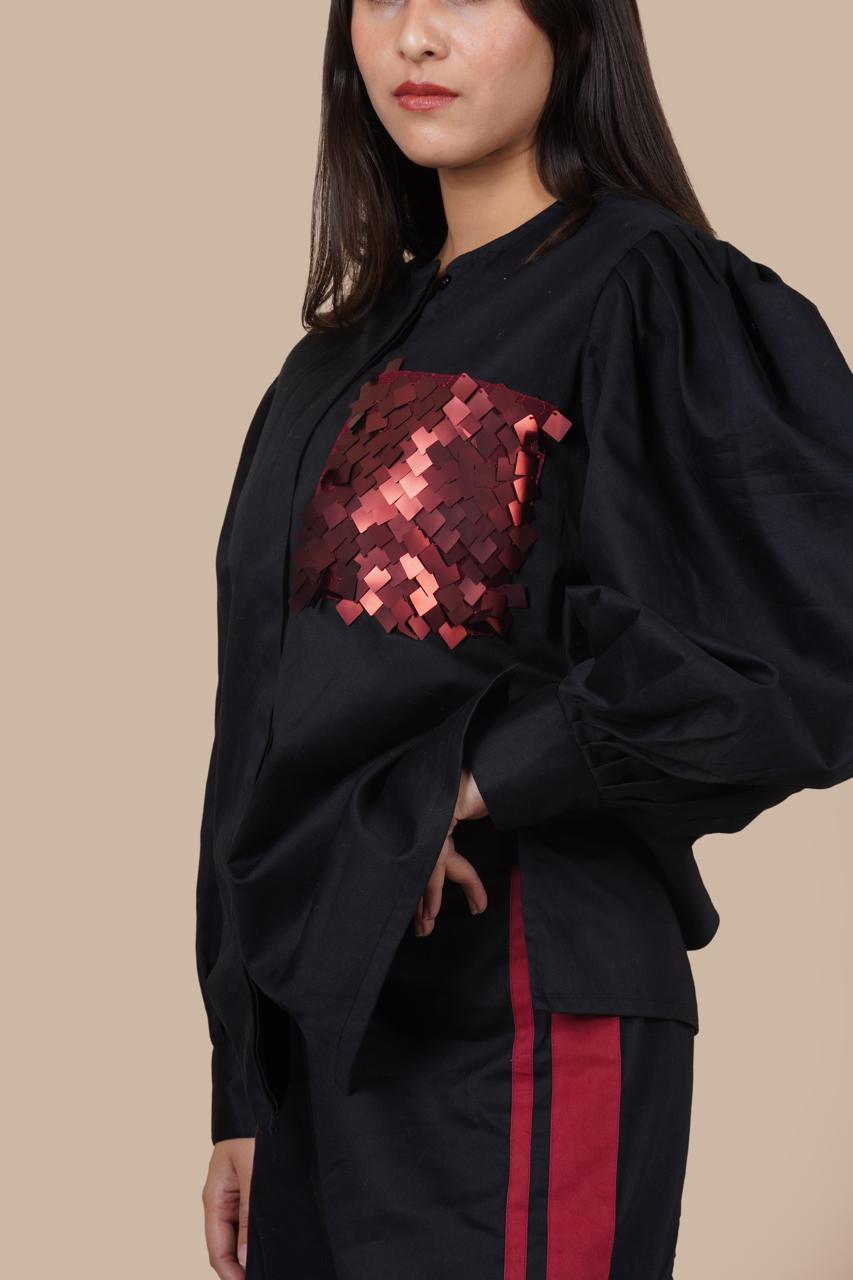 Ariya Threads Women’s Black Co-Ord Set with Red Sequin Pocket & Contrast Stripe Pants