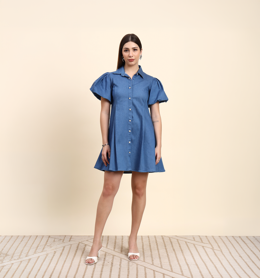 Sky Blue Puff Sleeve Denim Shirt Dress