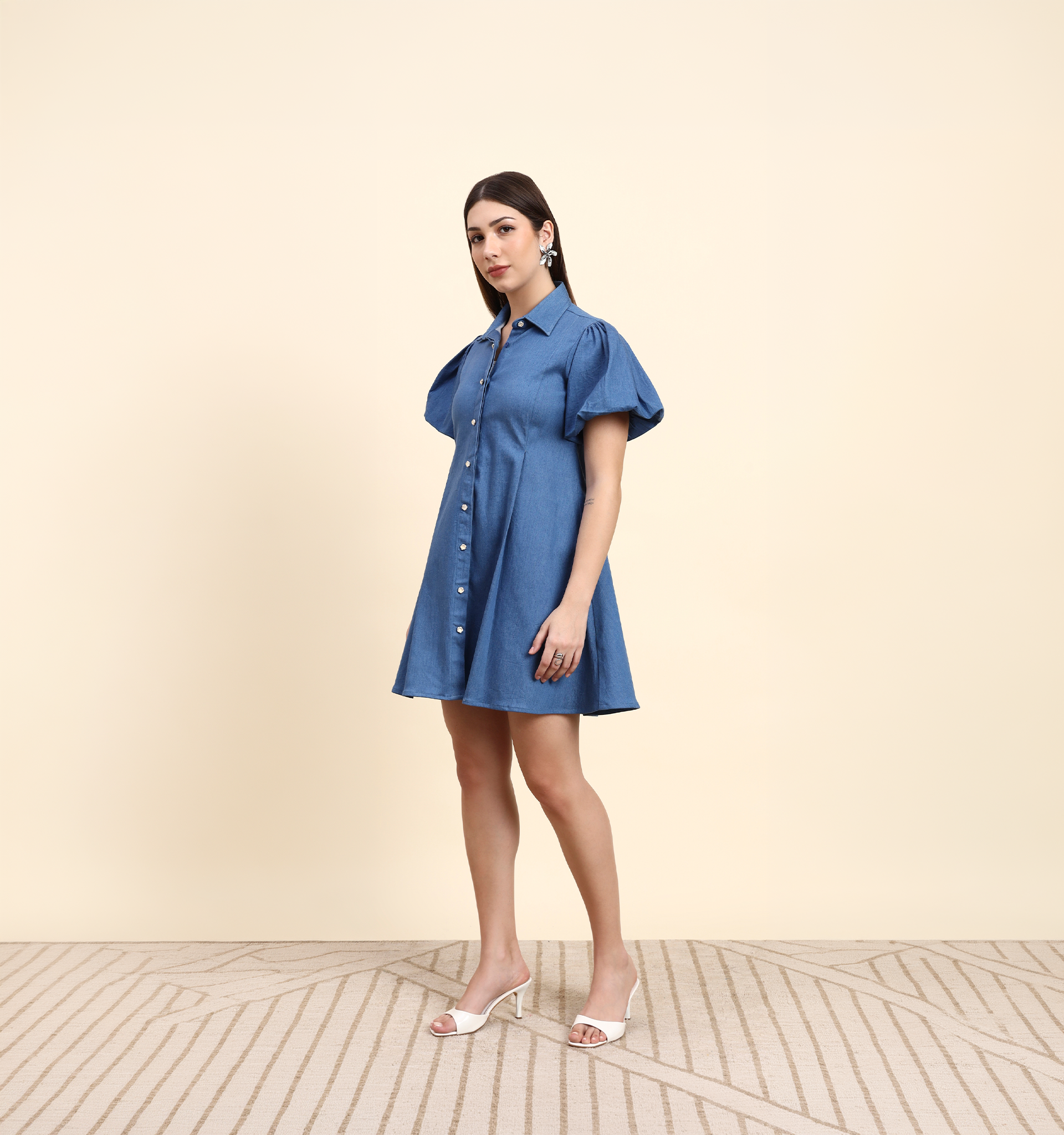 Sky Blue Puff Sleeve Denim Shirt Dress