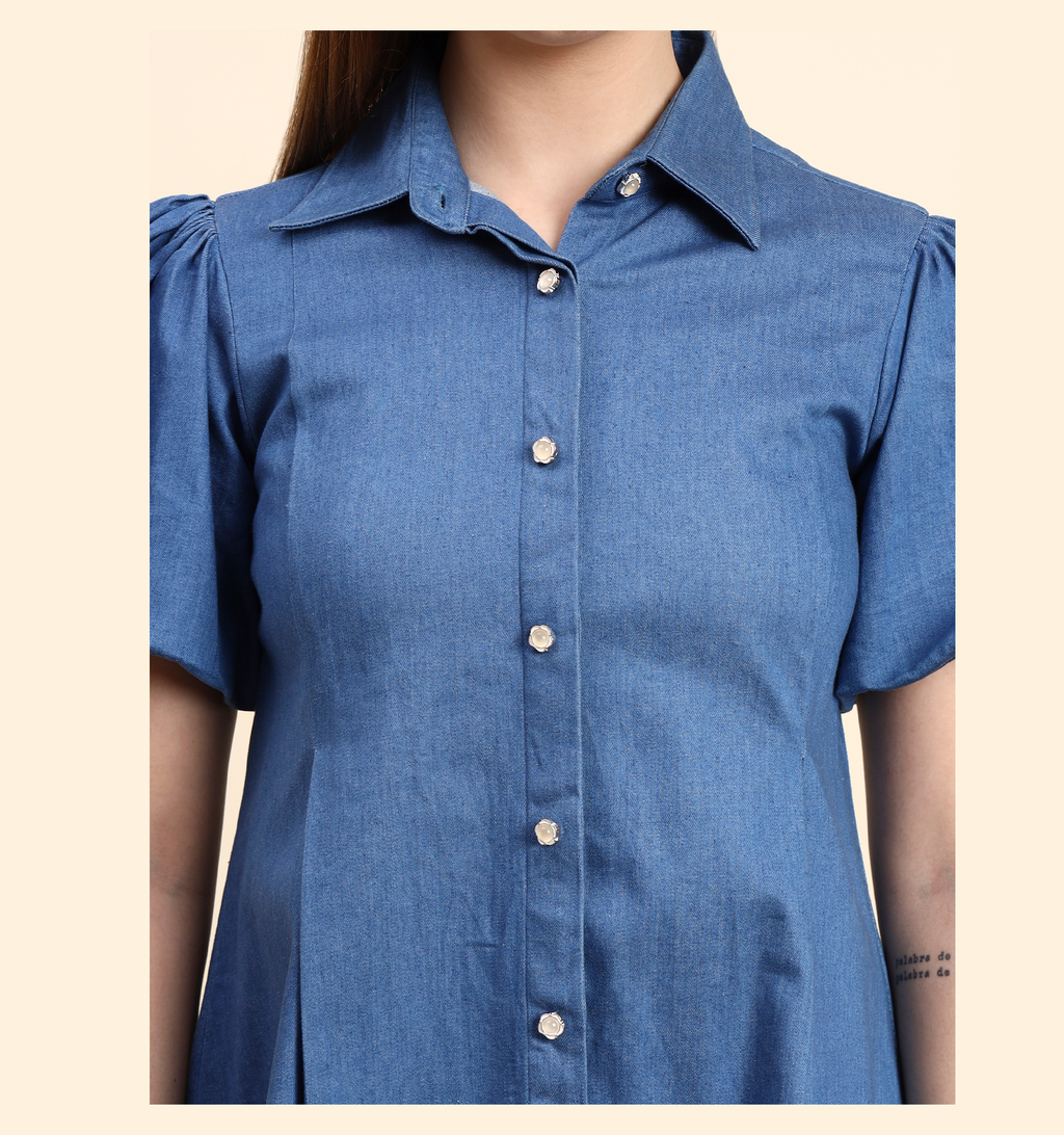 Sky Blue Puff Sleeve Denim Shirt Dress