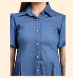 Sky Blue Puff Sleeve Denim Shirt Dress