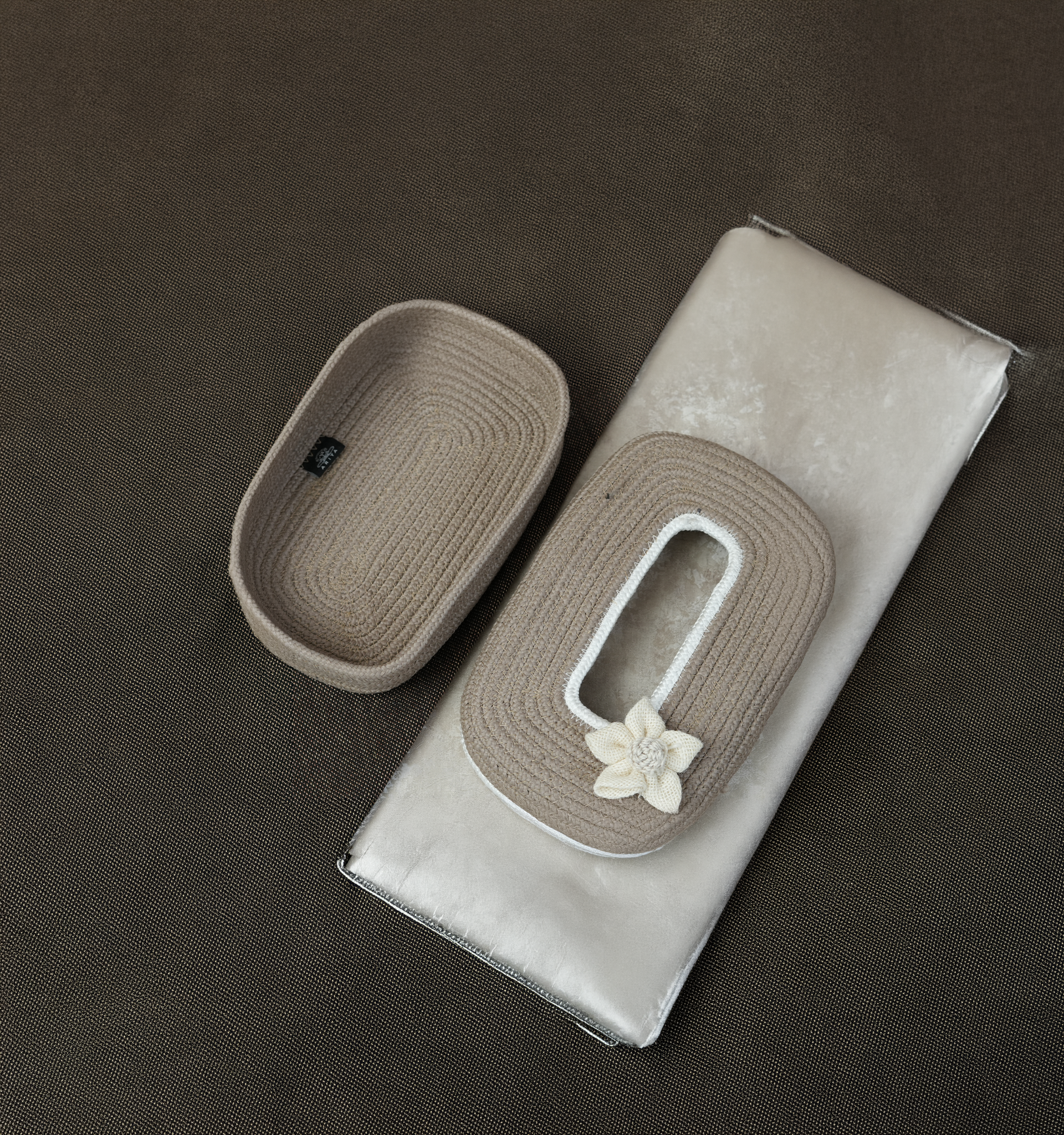 Cotton Tissue Box Holder - Beige White Floral Line