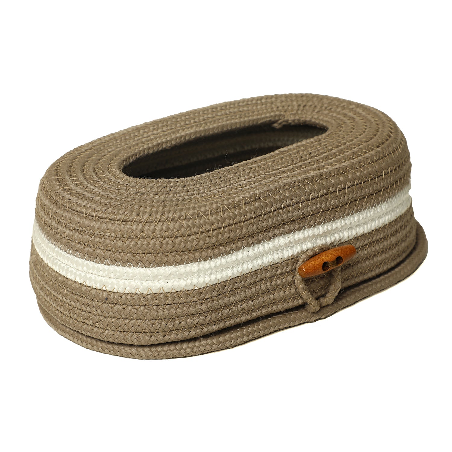 Ariya Beige White Line Tissue Box With Wooden Button Elegant Durable Holder