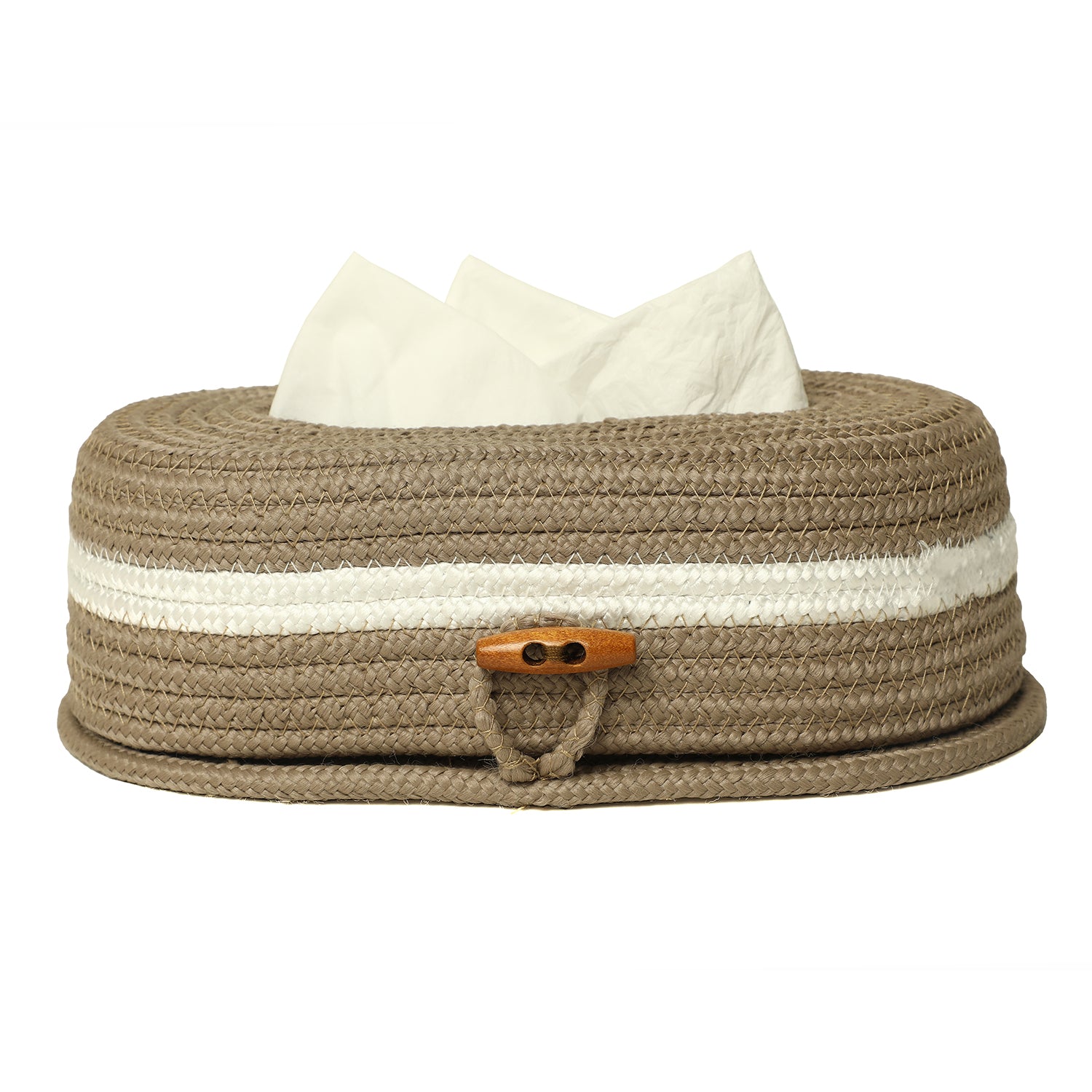 Ariya Beige White Line Tissue Box With Wooden Button Elegant Durable Holder