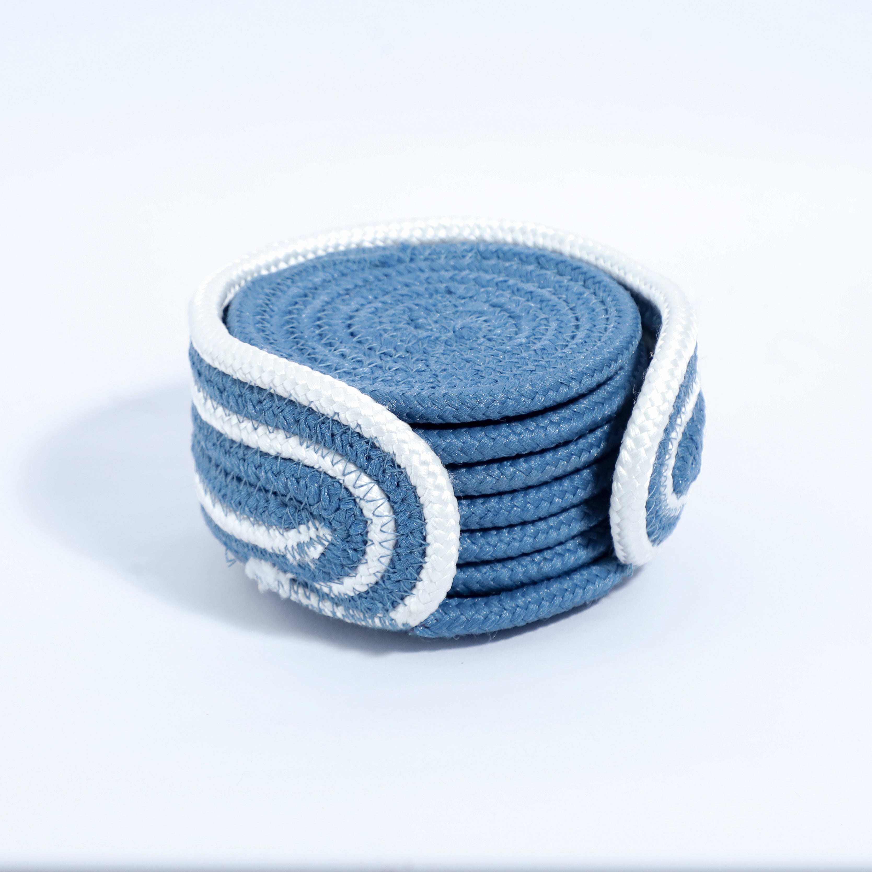 Cotton Coasters Set of 6 - Blue 3 White Line