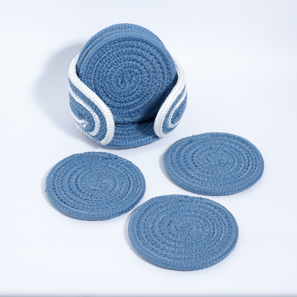 Cotton Coasters Set of 6 - Blue 3 White Line