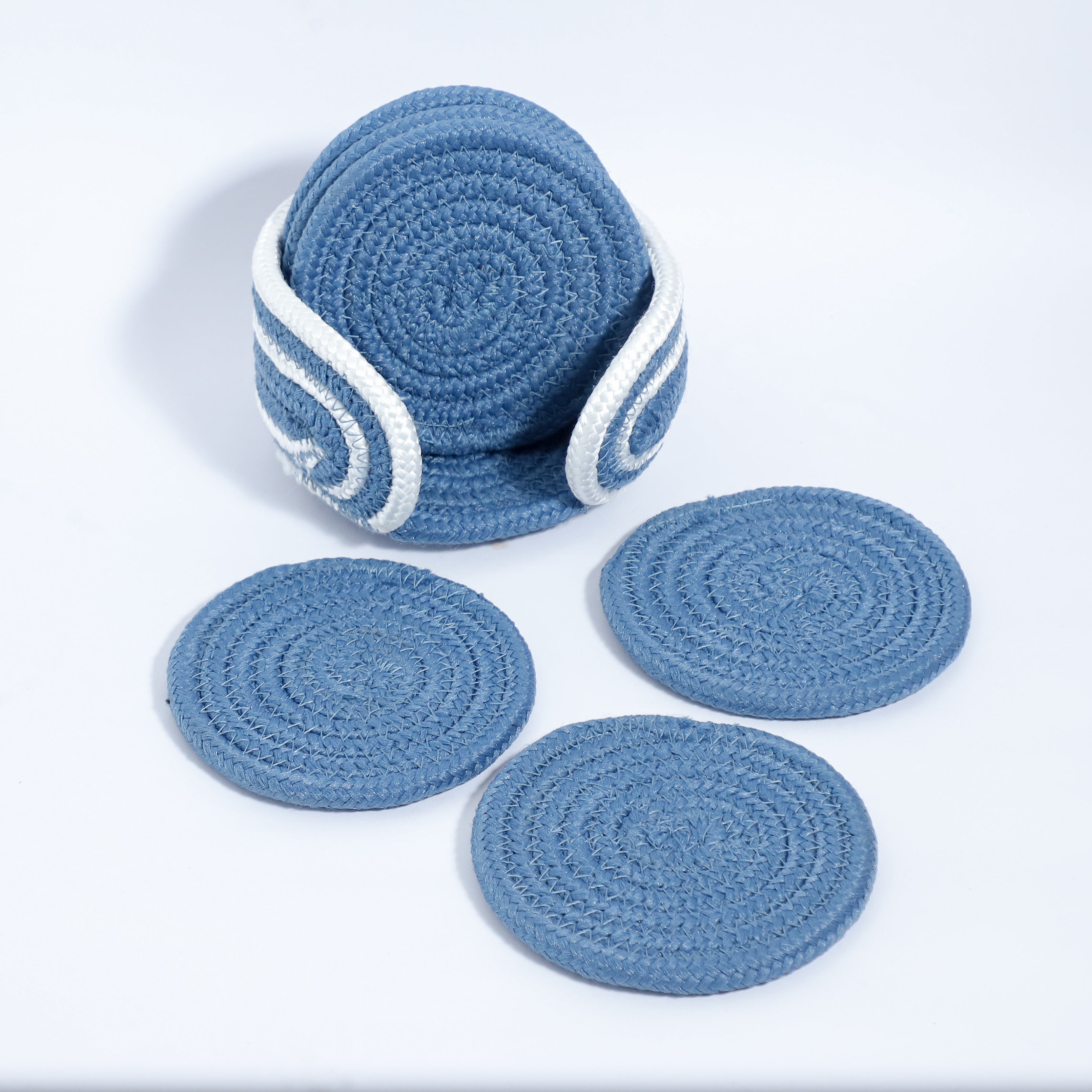 Cotton Coasters Set of 6 - Blue 3 White Line