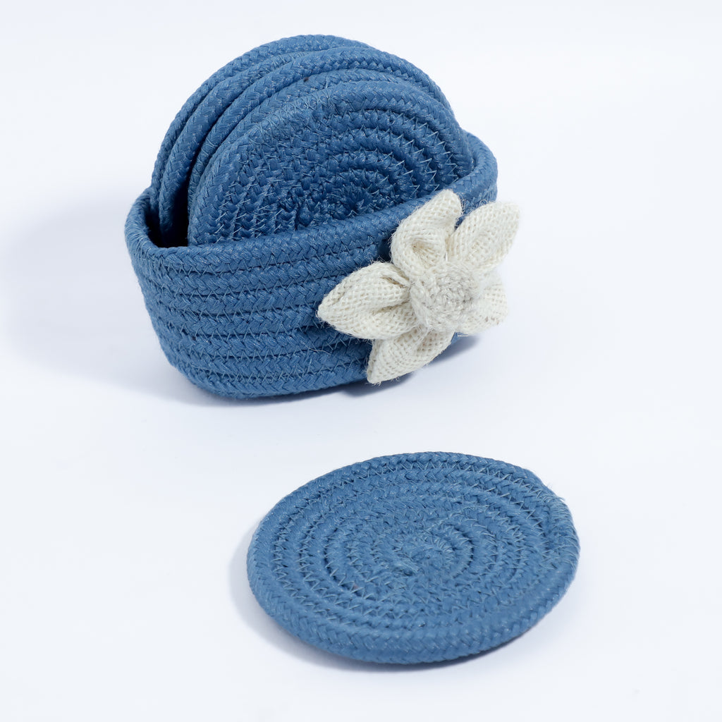 Cotton Coasters Set of 6 - Blue White Flower