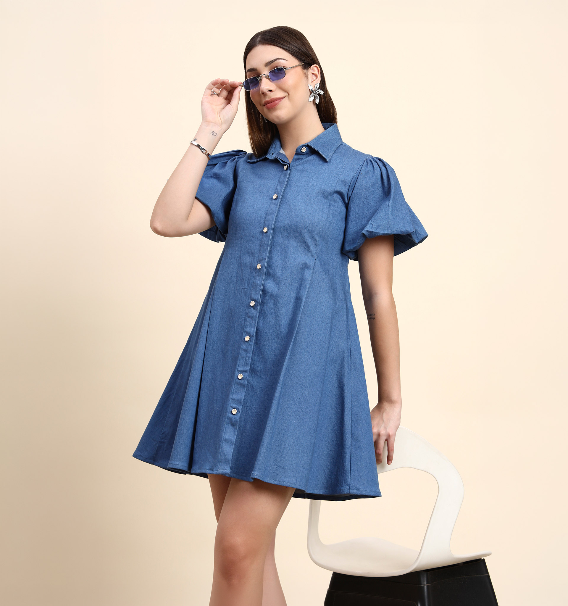 Sky Blue Puff Sleeve Denim Shirt Dress