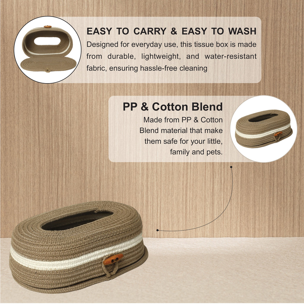 Ariya Beige White Line Tissue Box With Wooden Button Elegant Durable Holder