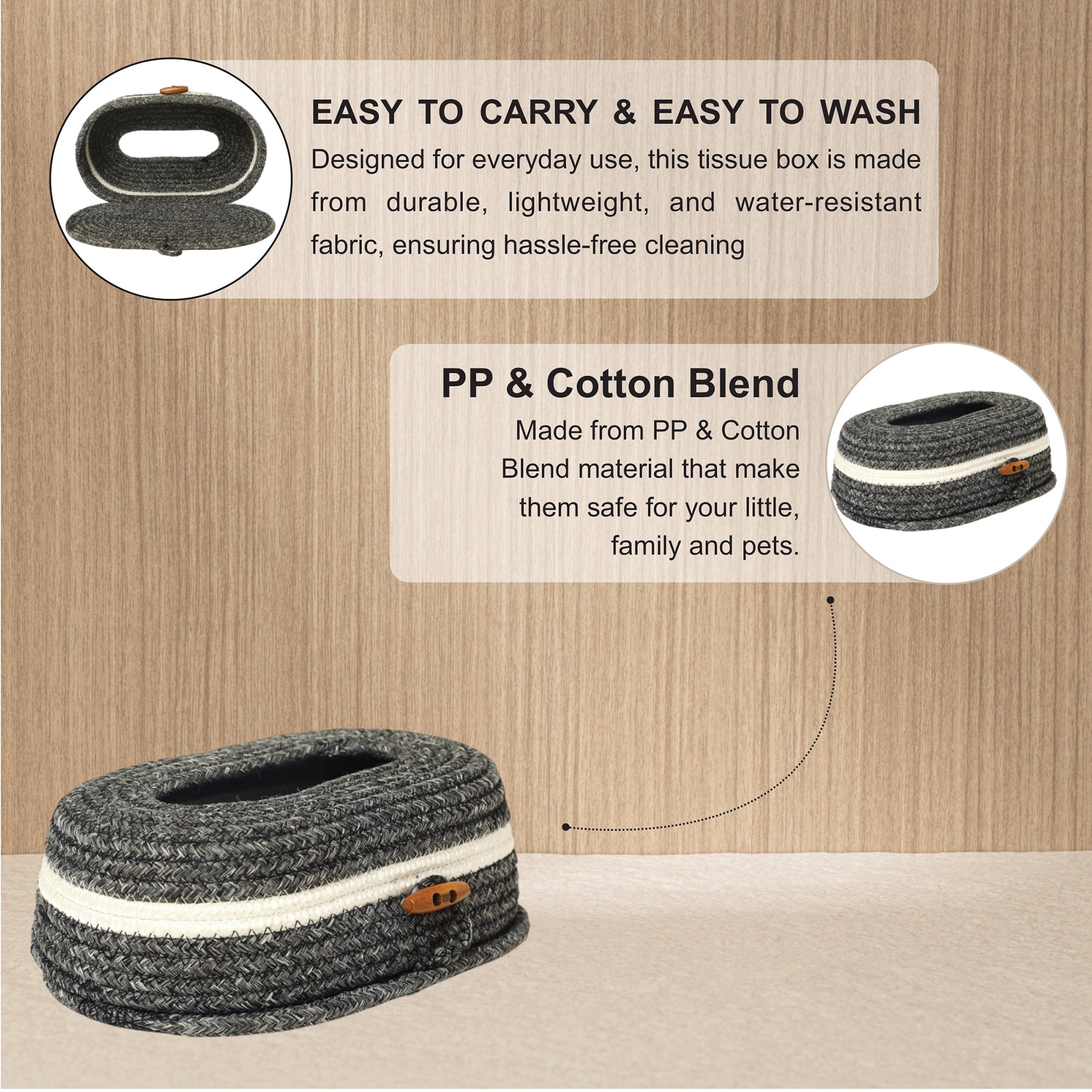 Ariya Grey Tissue Box With Wooden Button | Elegant Durable Holder