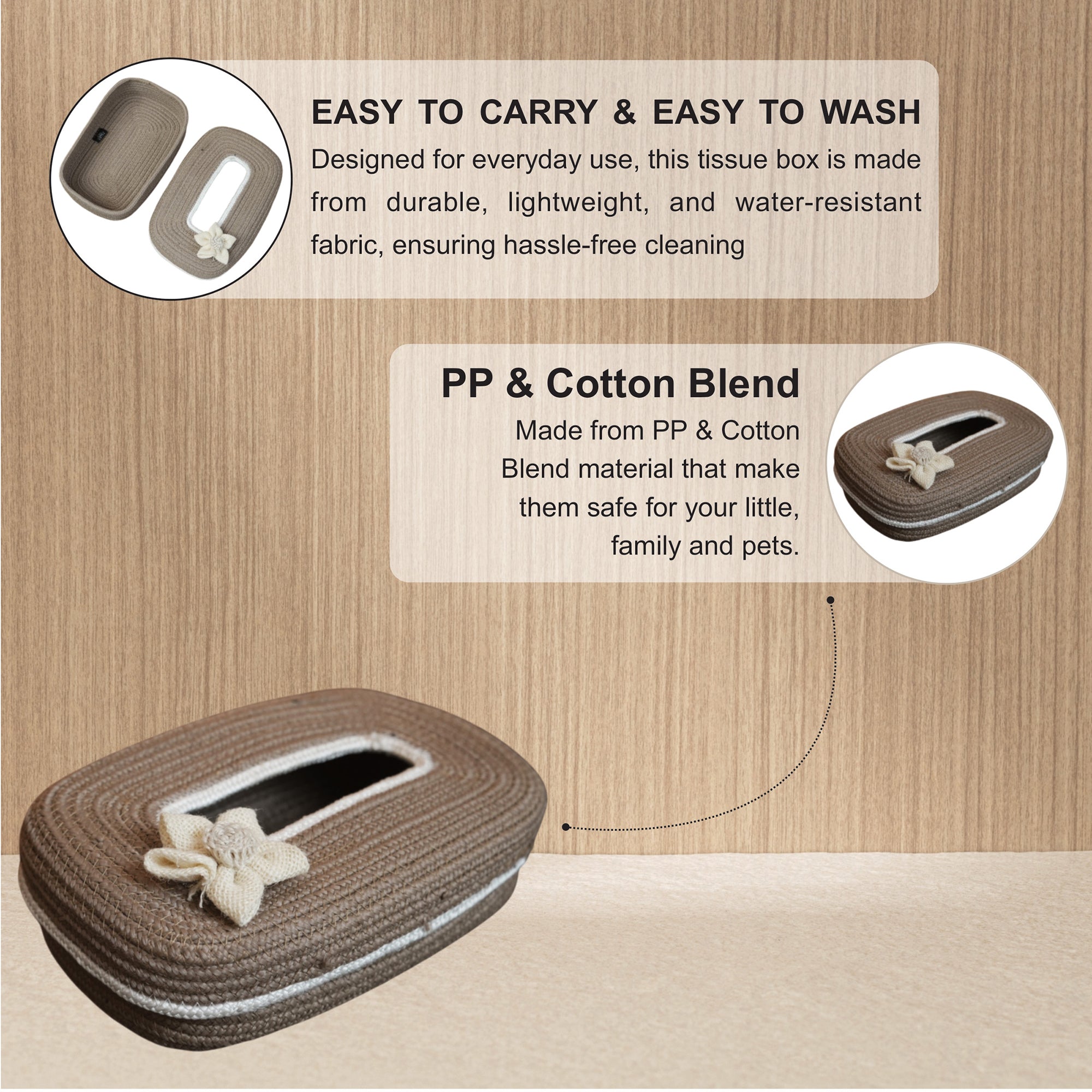 Ariya Tissue Box Cover Beige White Line with Flower Design Elegant Home & Car Use