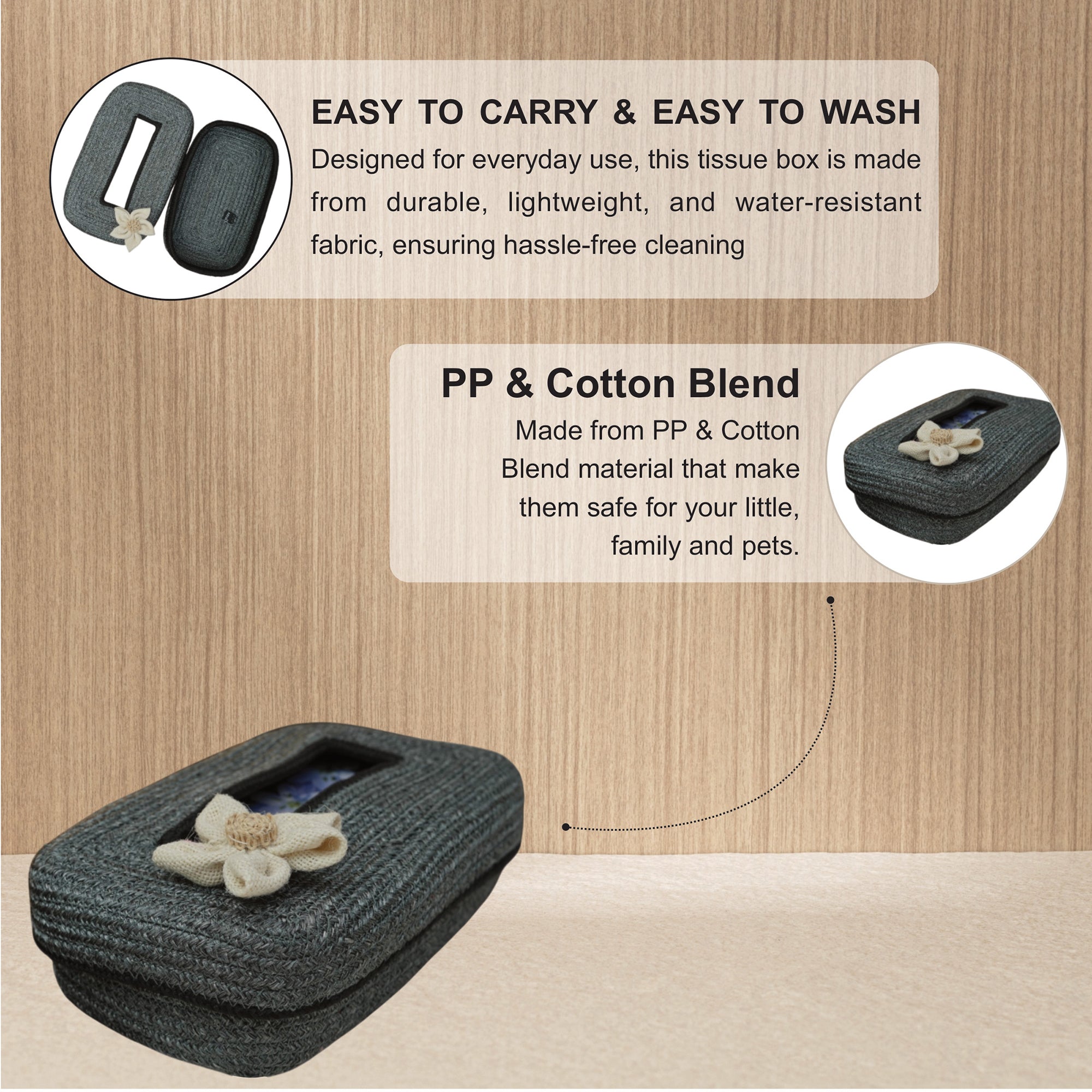 Ariya Grey Black Line Tissue Box With White Flower | Elegant Durable Holder