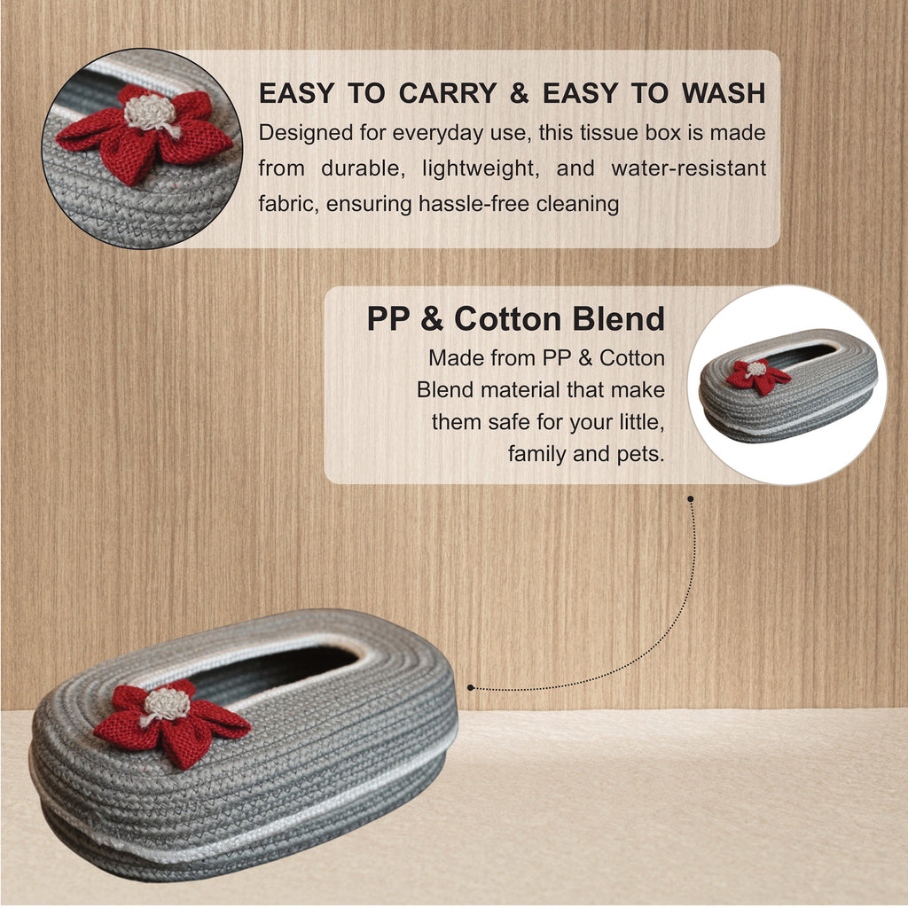 Ariya Light Grey White Line Tissue Box With Red Flower | Elegant Durable Holder