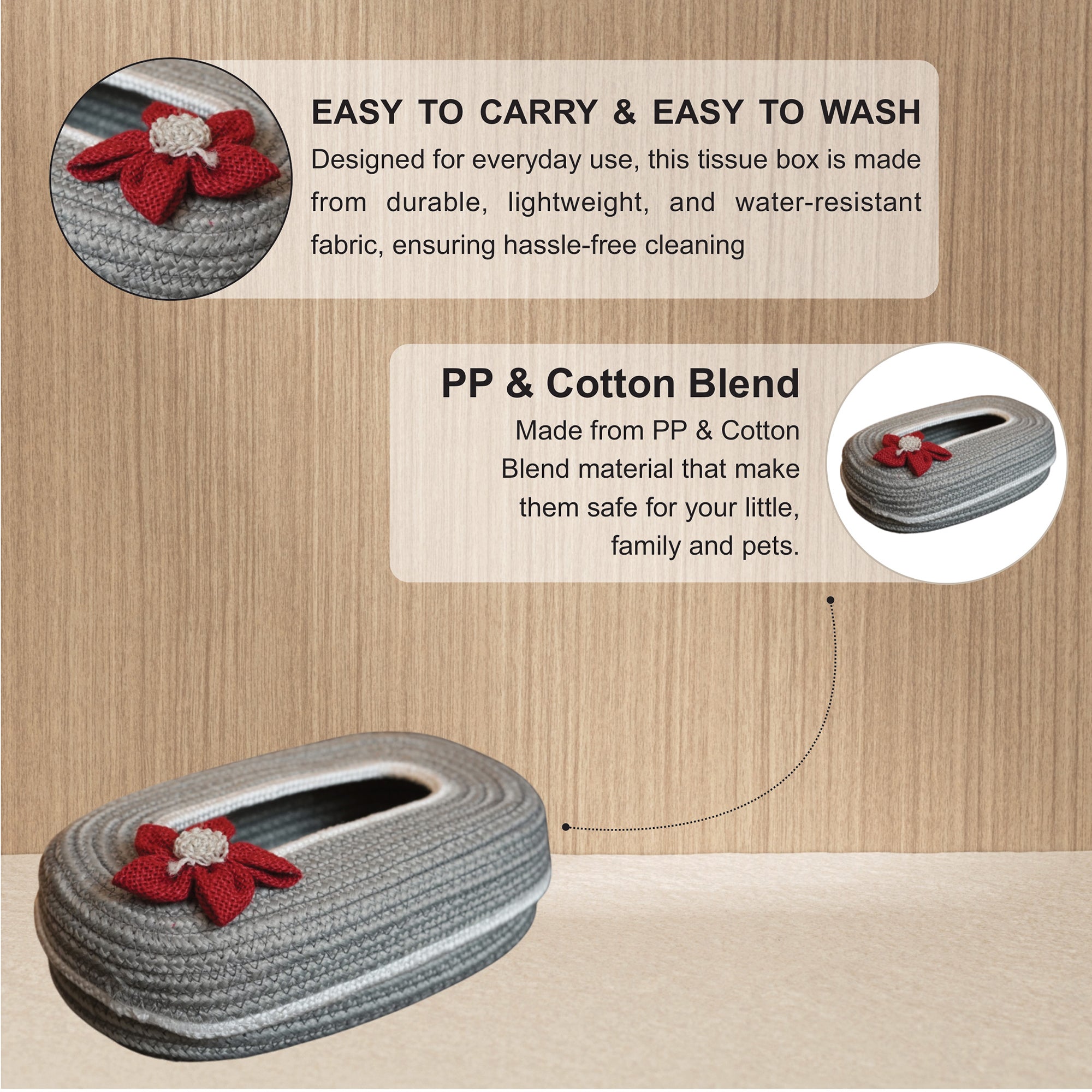 Ariya Light Grey White Line Tissue Box With Red Flower | Elegant Durable Holder