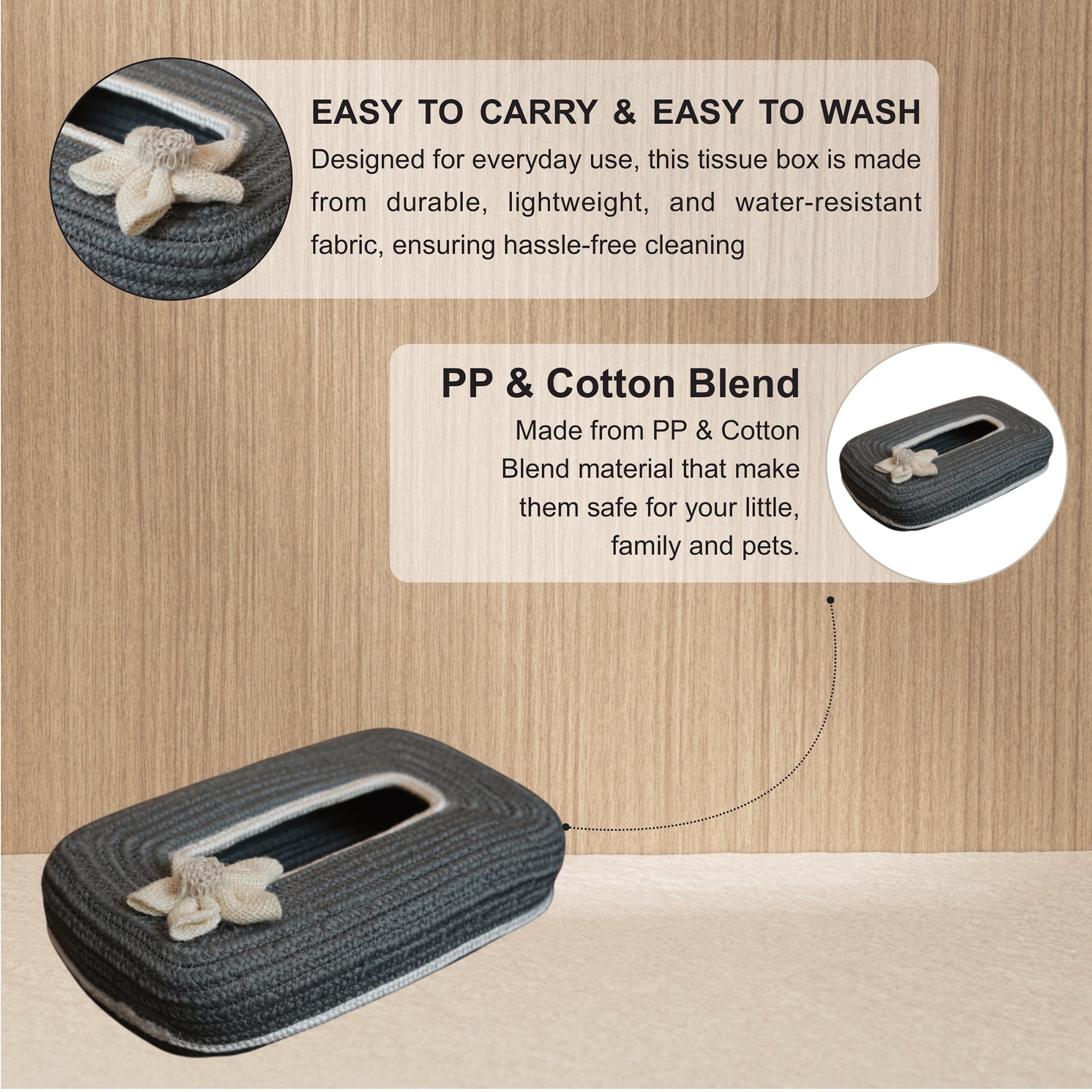 Ariya Dark Grey White Line Tissue Box With White Flower | Rectangular Durable Holder