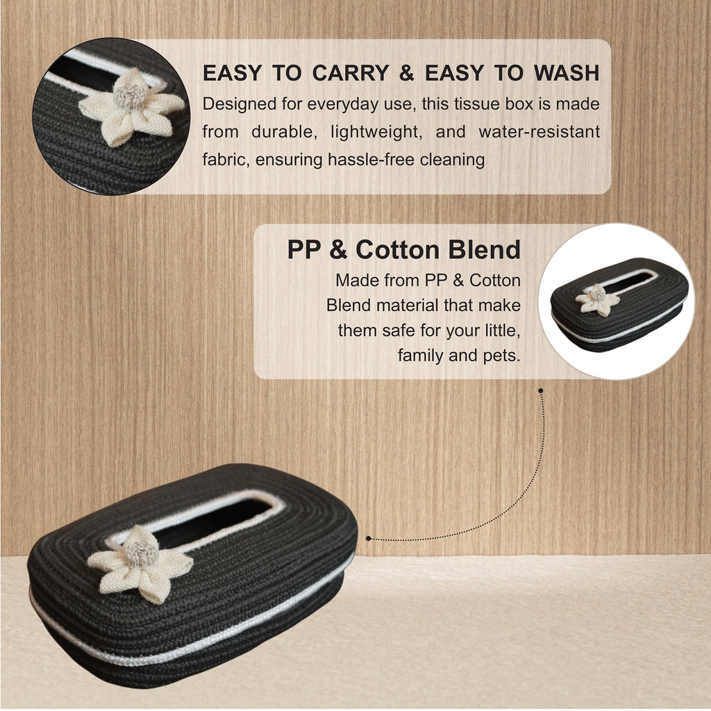 Ariya Dark Grey White Line Tissue Box With White Flower | Elegant Durable Holder