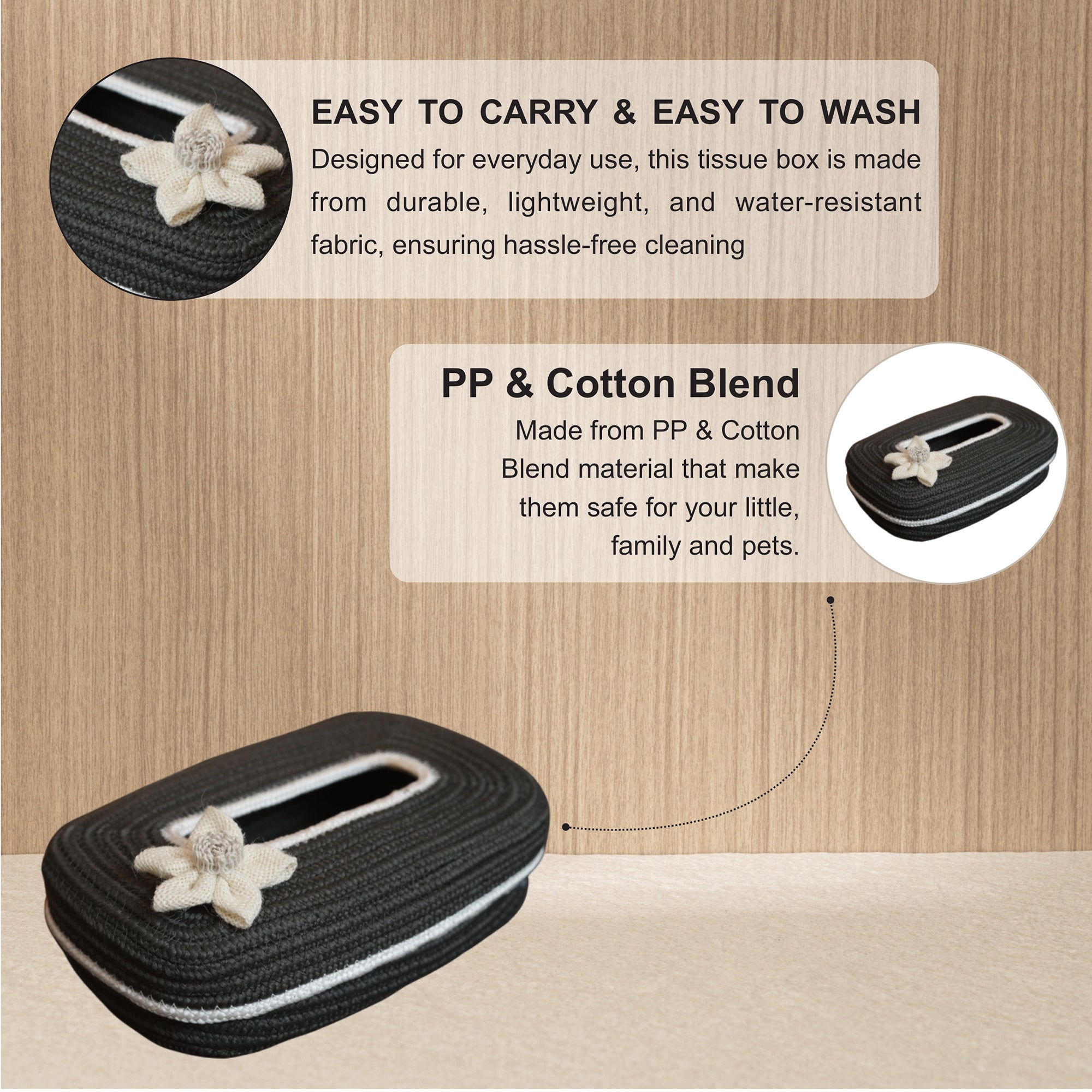 Ariya Dark Grey White Line Tissue Box With White Flower | Elegant Durable Holder