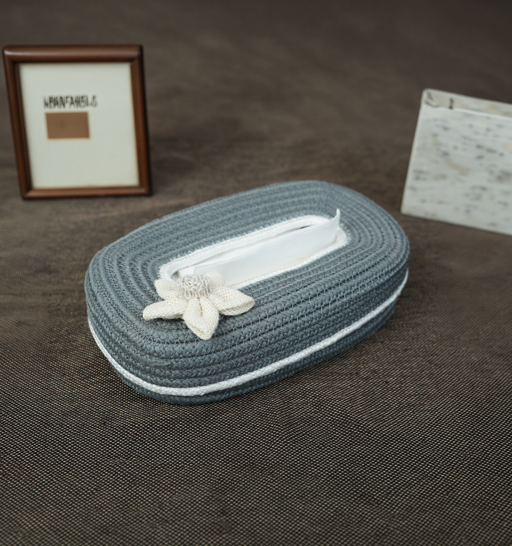 Cotton Tissue Box Holder - Grey White Floral Line
