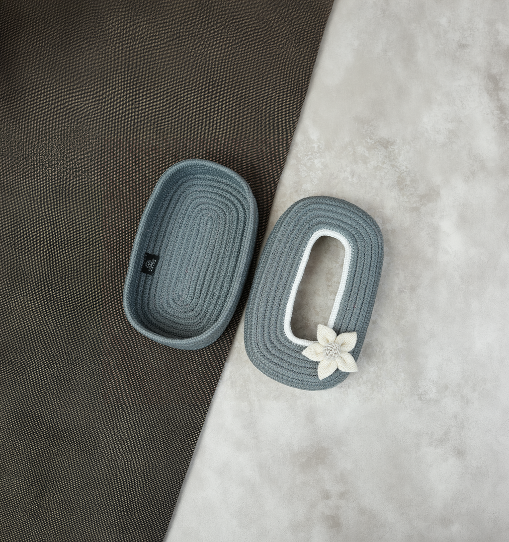 Cotton Tissue Box Holder - Grey White Floral Line