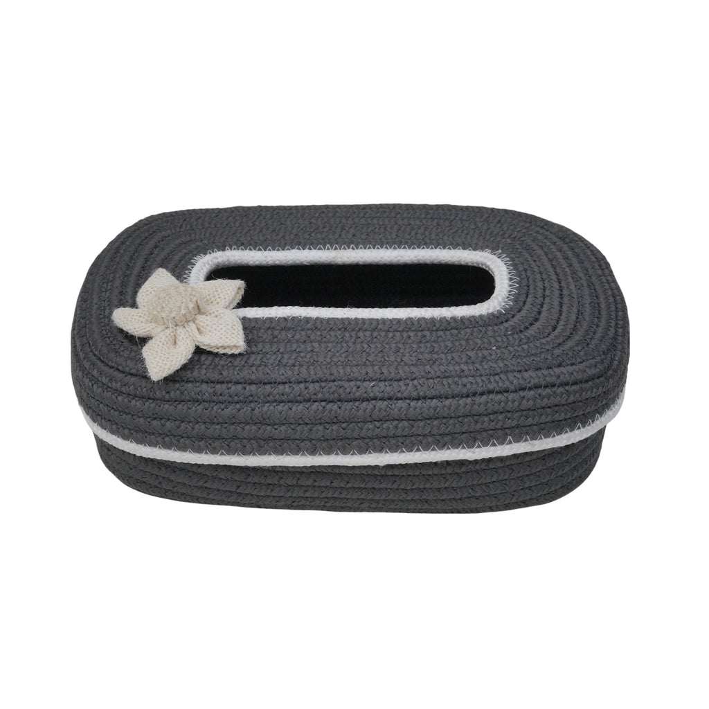 Ariya Dark Grey White Line Tissue Box With White Flower | Rectangular Durable Holder